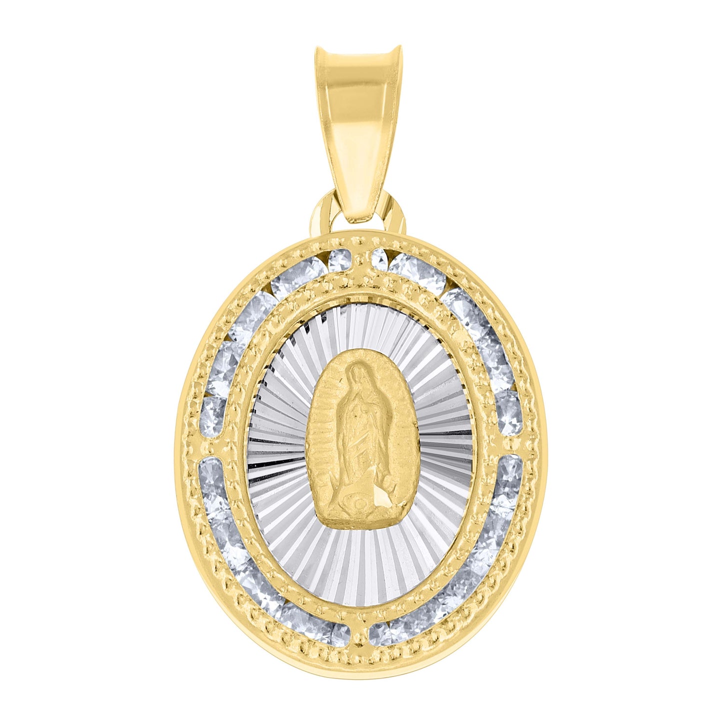 14K Yellow Gold Unisex Cubic-Zirconia Textured Lady Of Guadalupe Religious Oval Charm Pendant