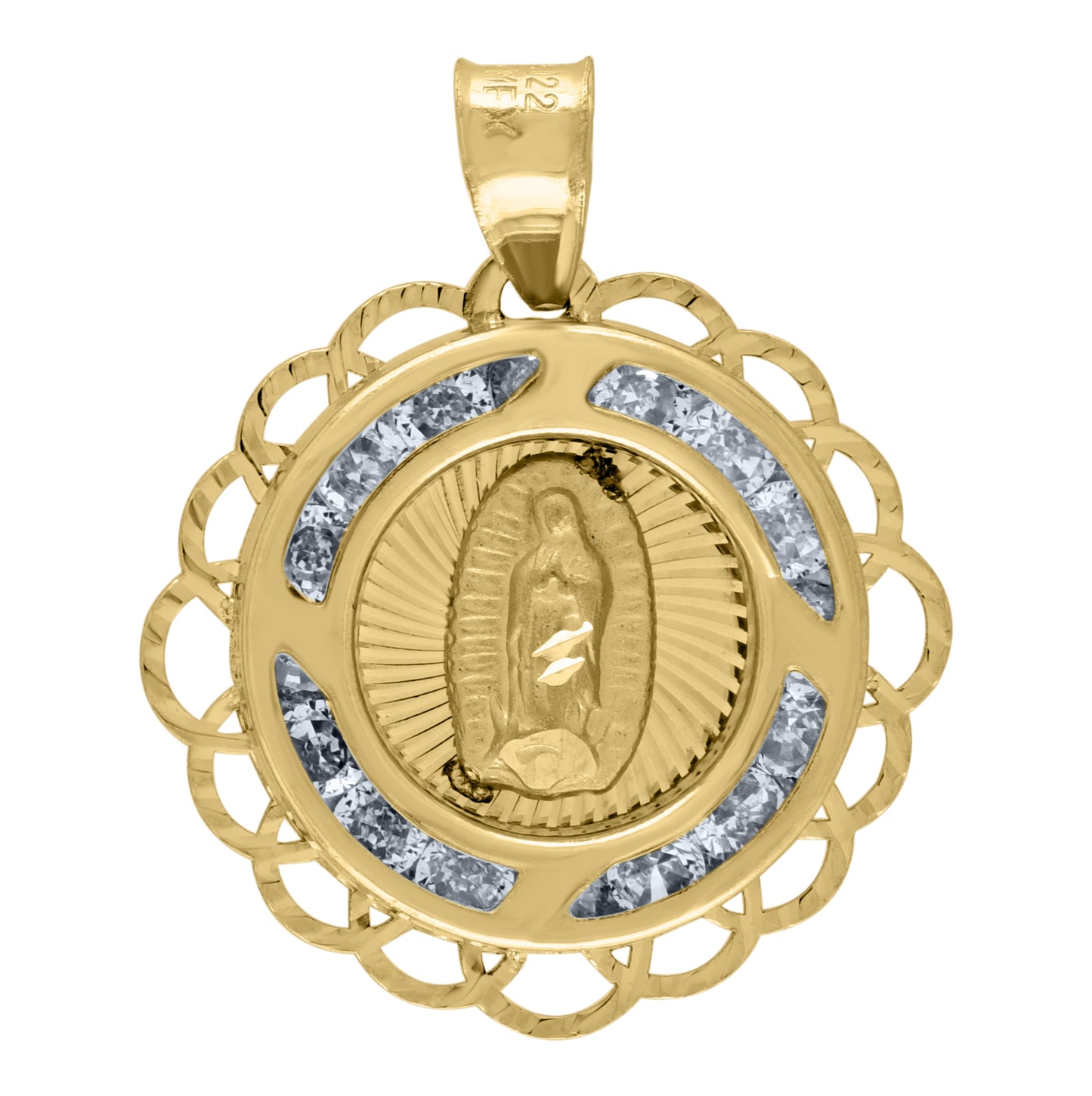 14K Yellow Gold Unisex Cubic-Zirconia Textured Lady Of Guadalupe Religious Charm Pendant