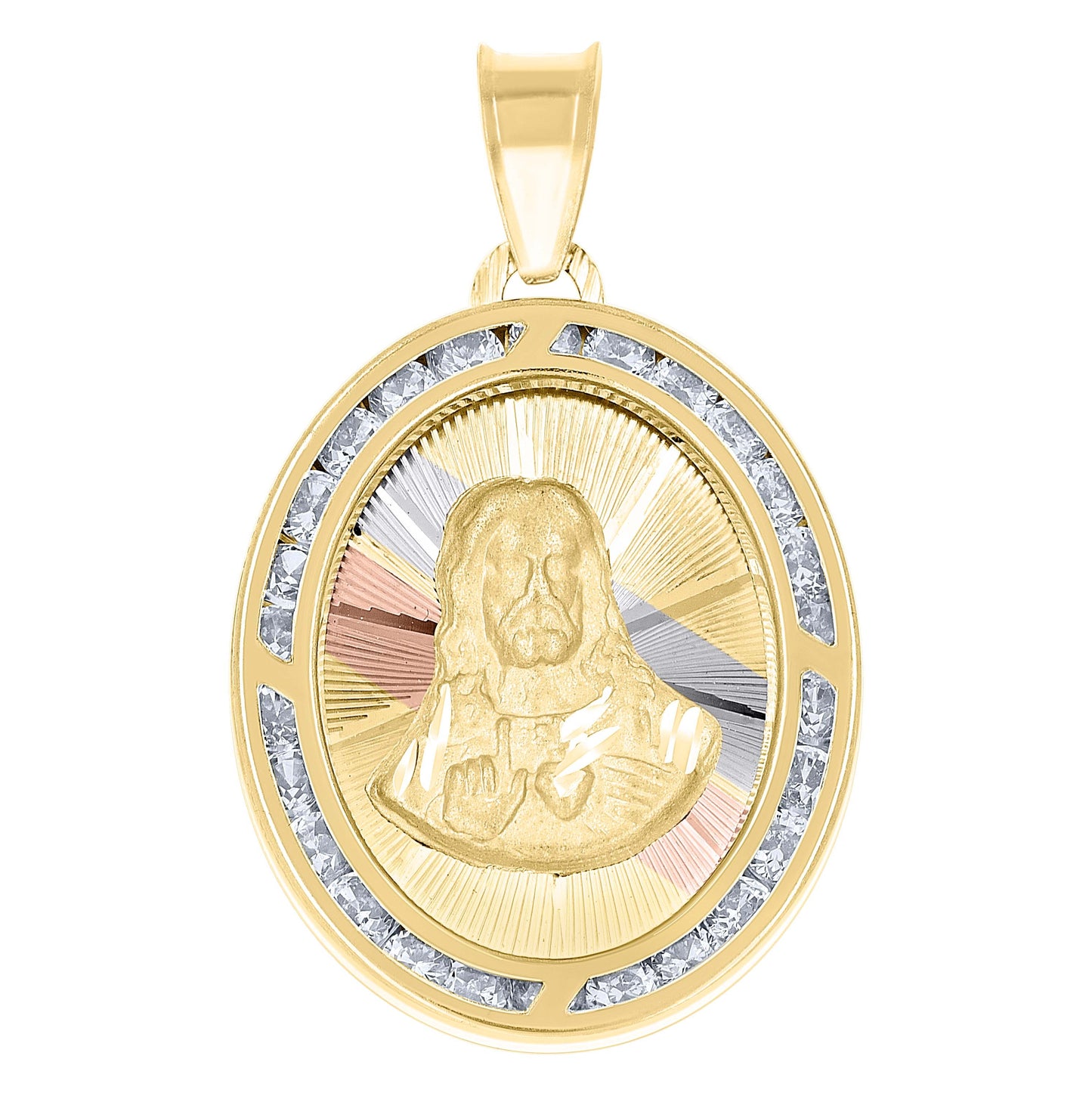 14K Tri-Color Gold Unisex Cubic-Zirconia Religious Oval Charm Pendant