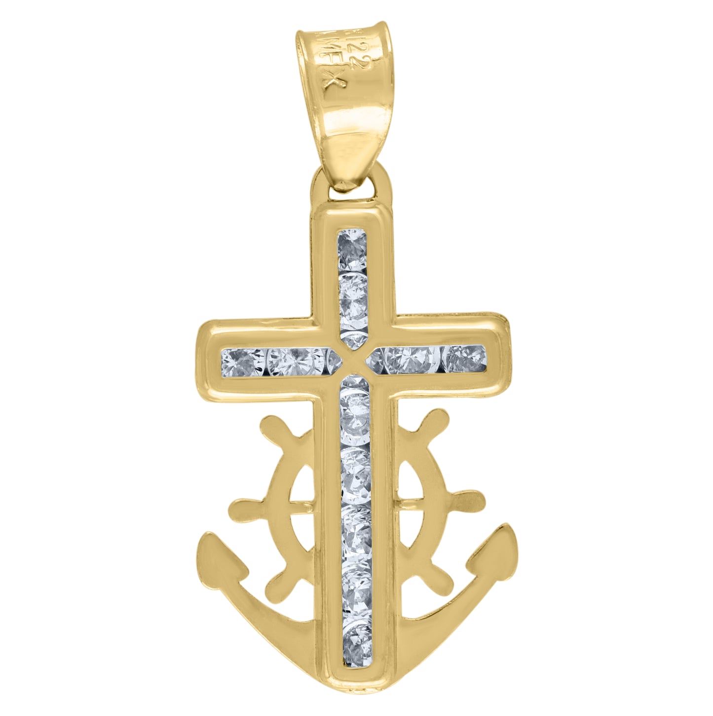 14K Yellow Gold Unisex Cubic-Zirconia Anchor Cross Religious Charm Pendant