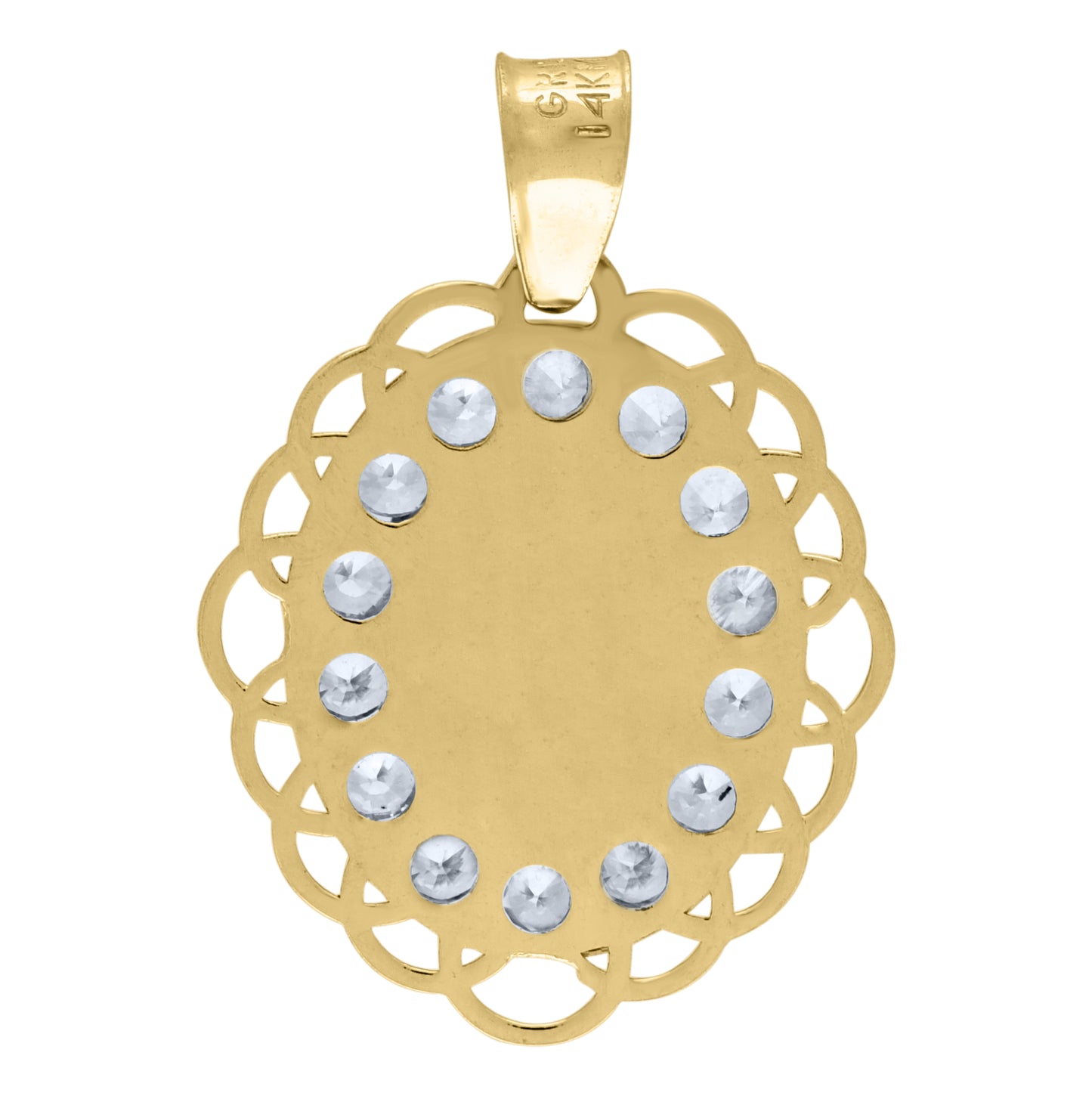 14K Yellow Gold Unisex Cubic-Zirconia Textured Lady Of Guadalupe Religious Oval Charm Pendant