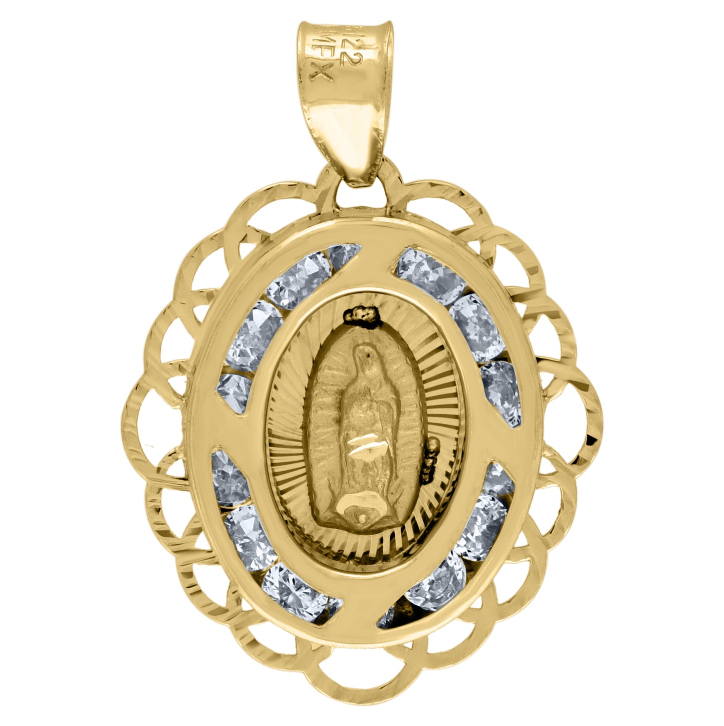 14K Yellow Gold Unisex Cubic-Zirconia Textured Lady Of Guadalupe Religious Oval Charm Pendant
