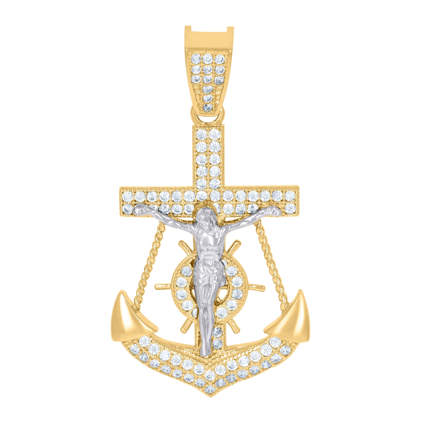 10K Two-Tone Gold Womens Cubic-Zirconia Religious Anchor Crucifix Charm Pendant