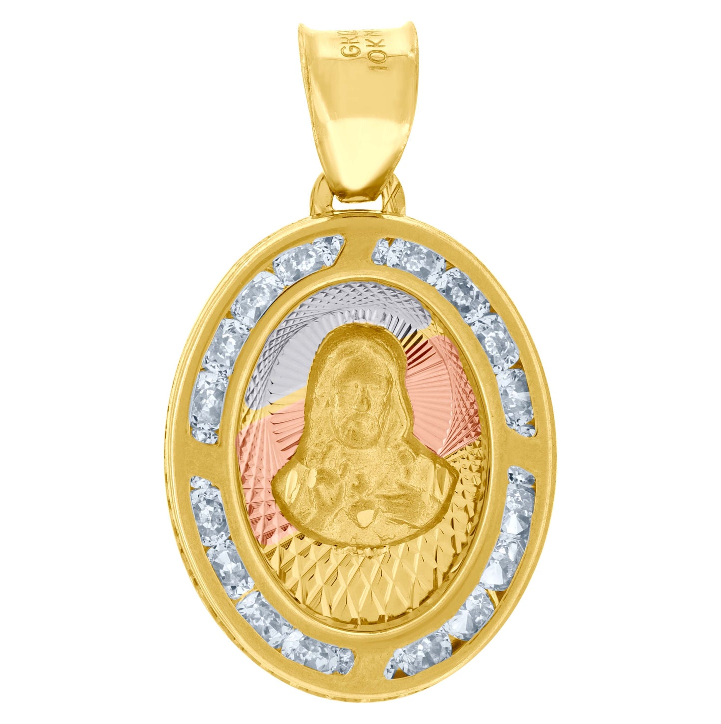 10K Tri-Color Gold Unisex Cubic-Zirconia Textured Sacred Heart Of Jesus Religious Oval Charm Pendant