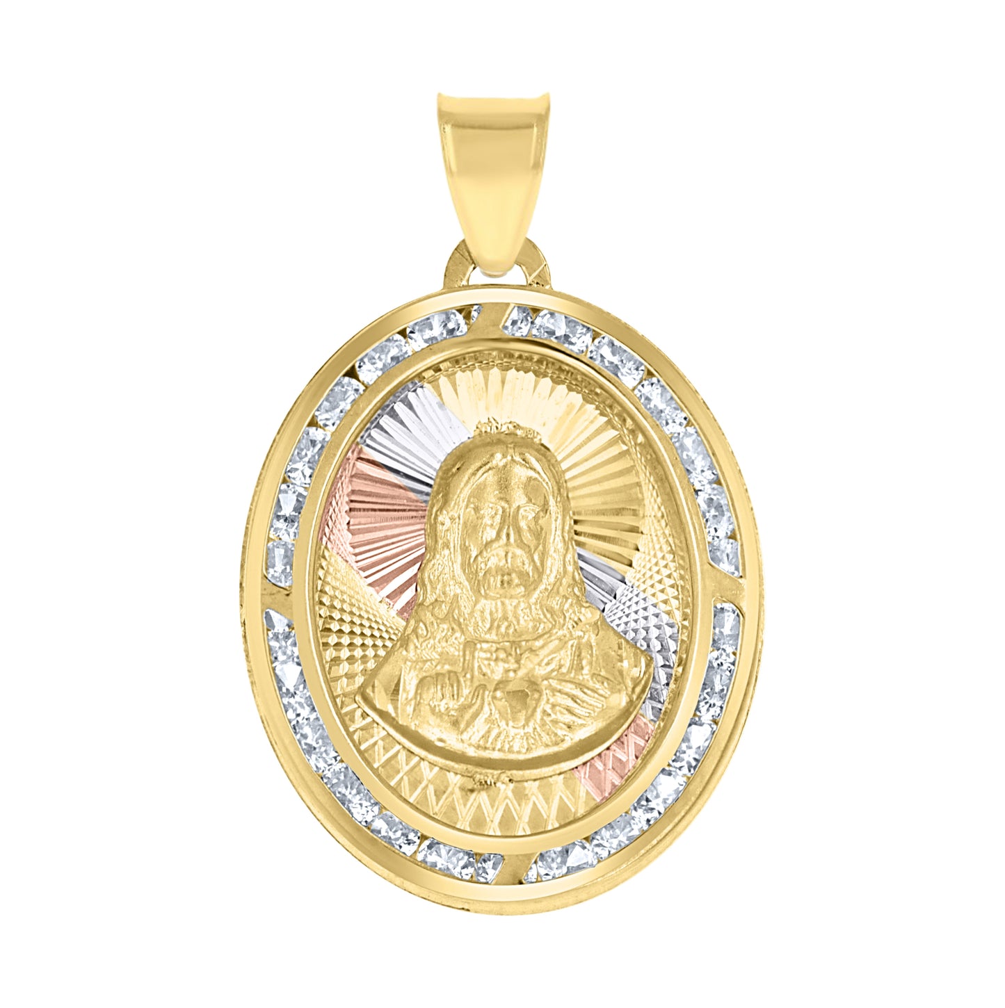 10K Tri-Color Gold Unisex Cubic-Zirconia Textured Sacred Heart Of Jesus Religious Charm Pendant
