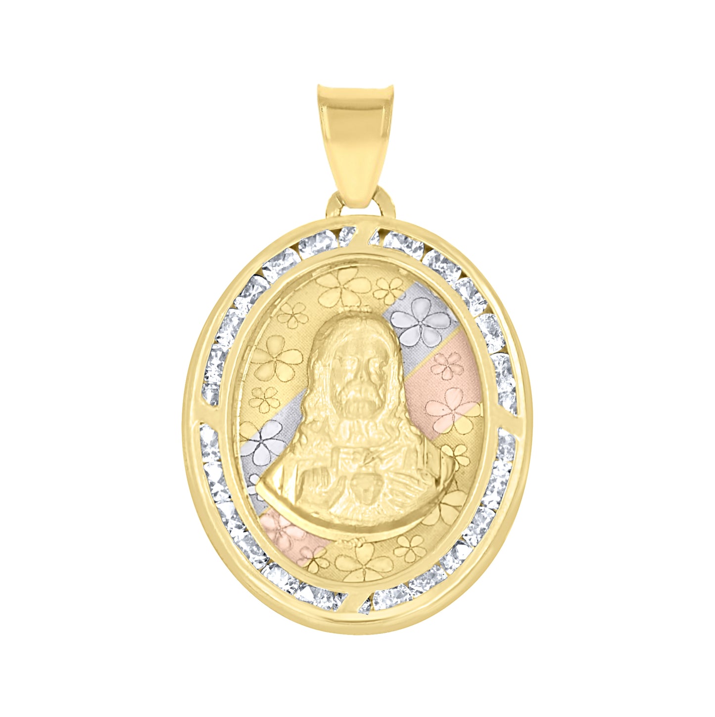 10K Tri-Color Gold Unisex Cubic Zirconia Diamond-Cut Jesus Face Religious Charm Pendant