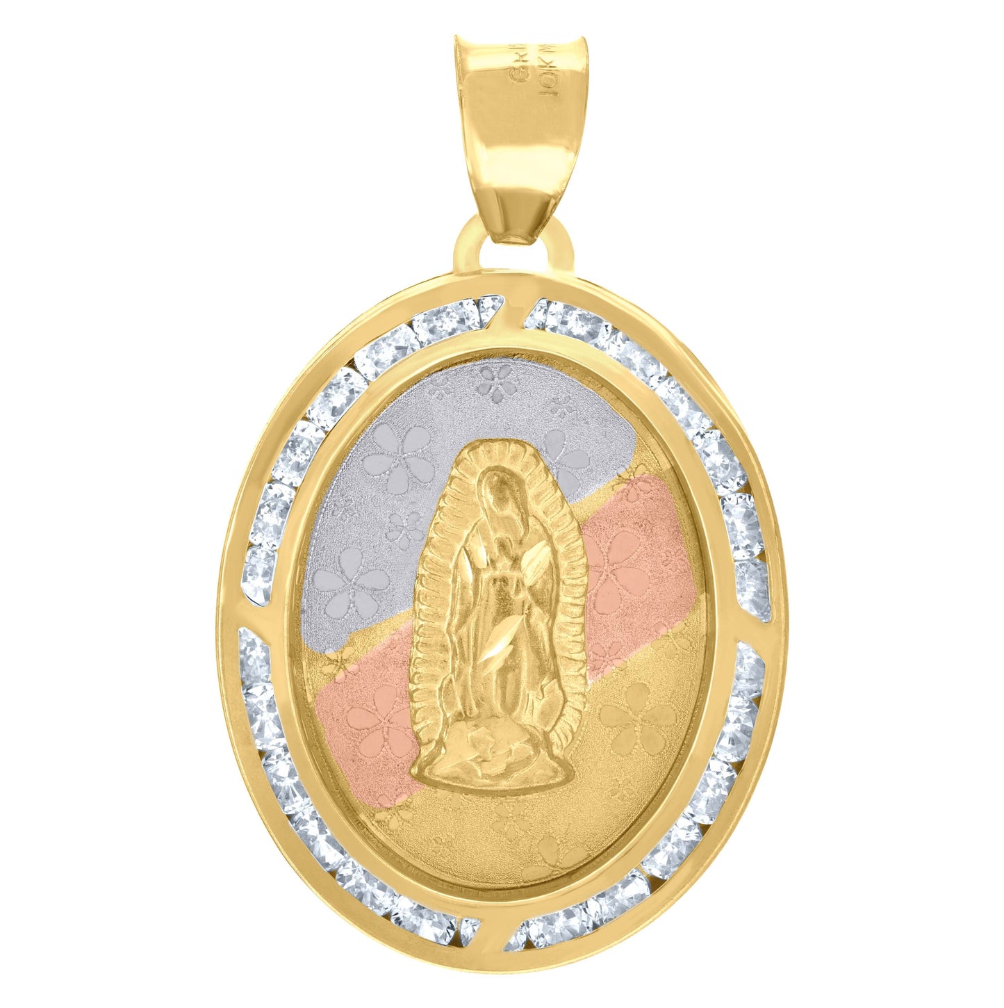 10K Tri-Color Gold Unisex Cubic Zirconia Diamond-Cut Lady Of Guadalupe Religious Charm Pendant