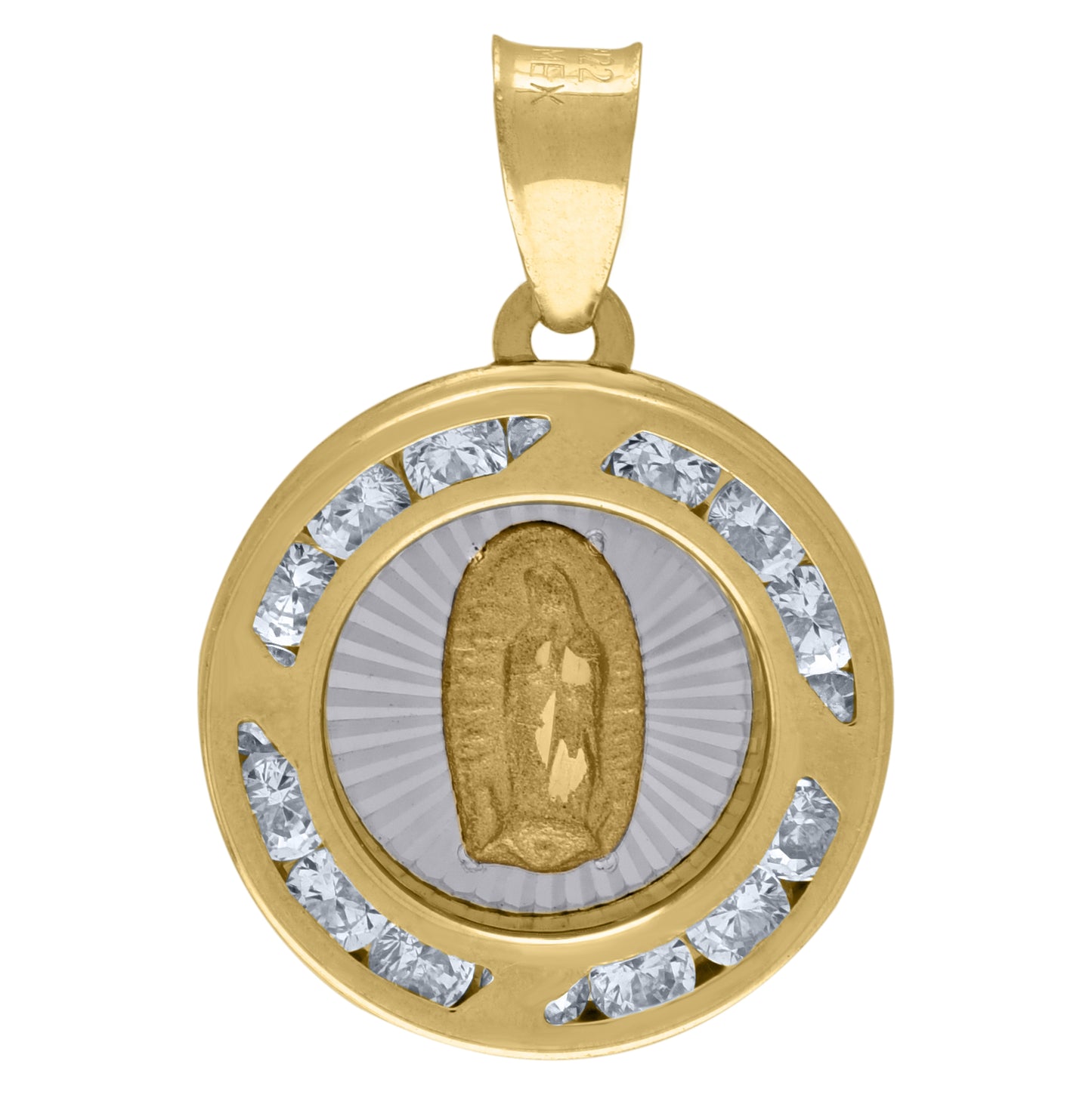 14K Two-Tone Gold Unisex Cubic-Zirconia Textured Lady Of Guadalupe Religious Charm Pendant
