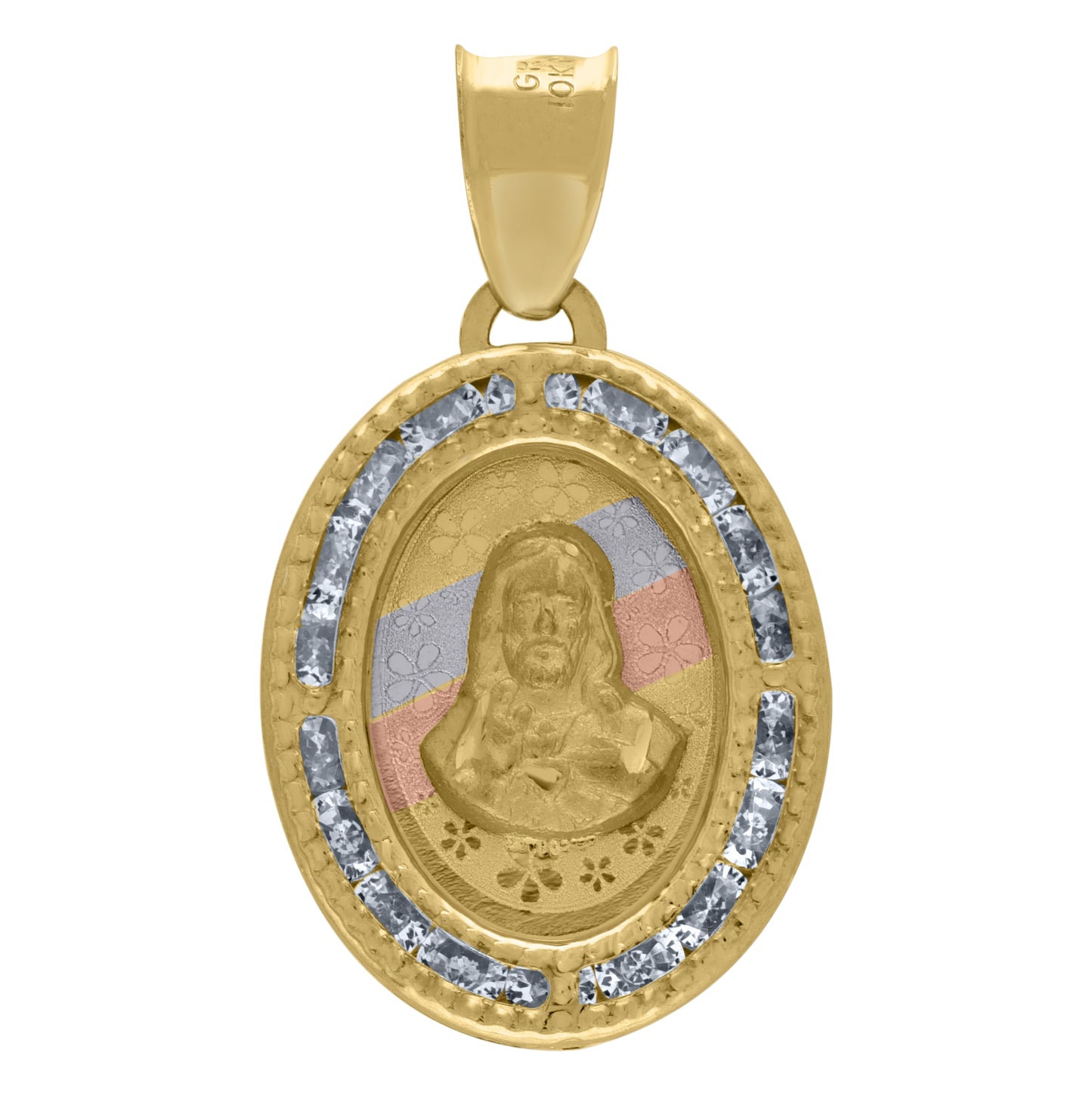 14K Tri-Color Gold Unisex Cubic-Zirconia Floral Textured Sacred Heart Of Jesus Religious Oval Charm Pendant