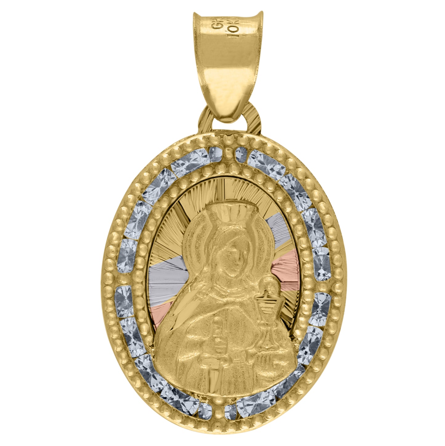 14K Tri-Color Gold Unisex Cubic-Zirconia Textured Saint Barbara Religious Oval Charm Pendant