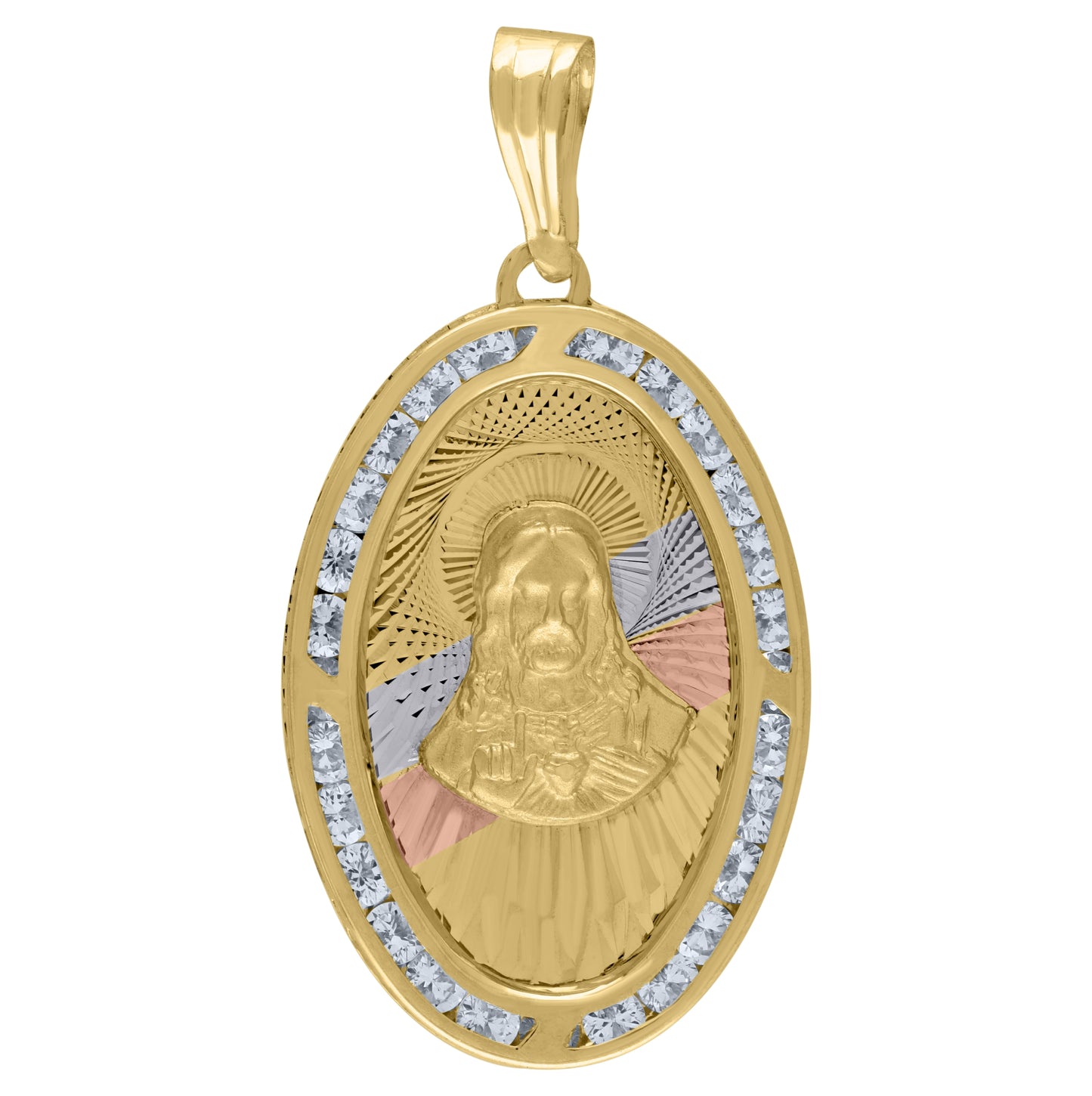 14K Tri-Color Gold Unisex Cubic-Zirconia Textured Sacred Heart Of Jesus Religious Oval Charm Pendant
