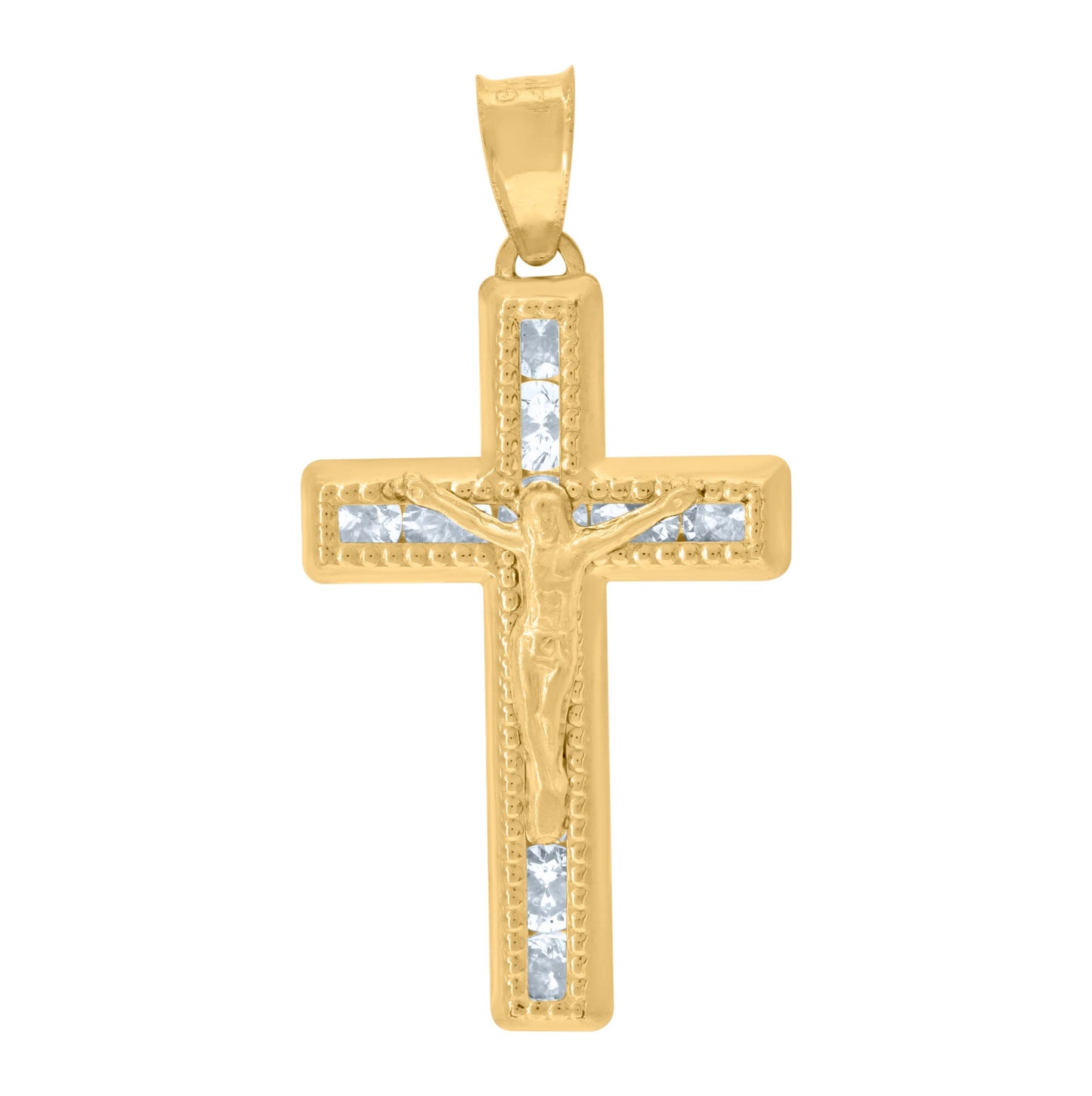 14K Yellow Gold Unisex Cubic Zirconia Textured Crucifix Cross Religious Charm Pendant