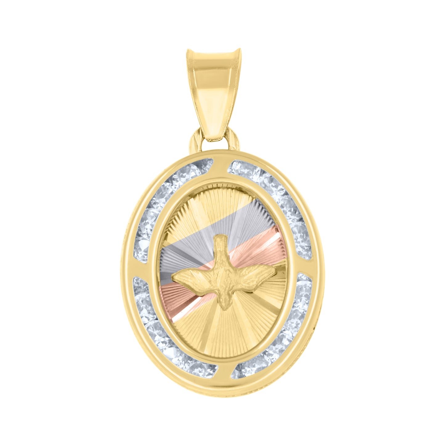 14K Tri-Color Gold Unisex Cubic-Zirconia Textured Dove Peace Symbol Oval Charm Pendant