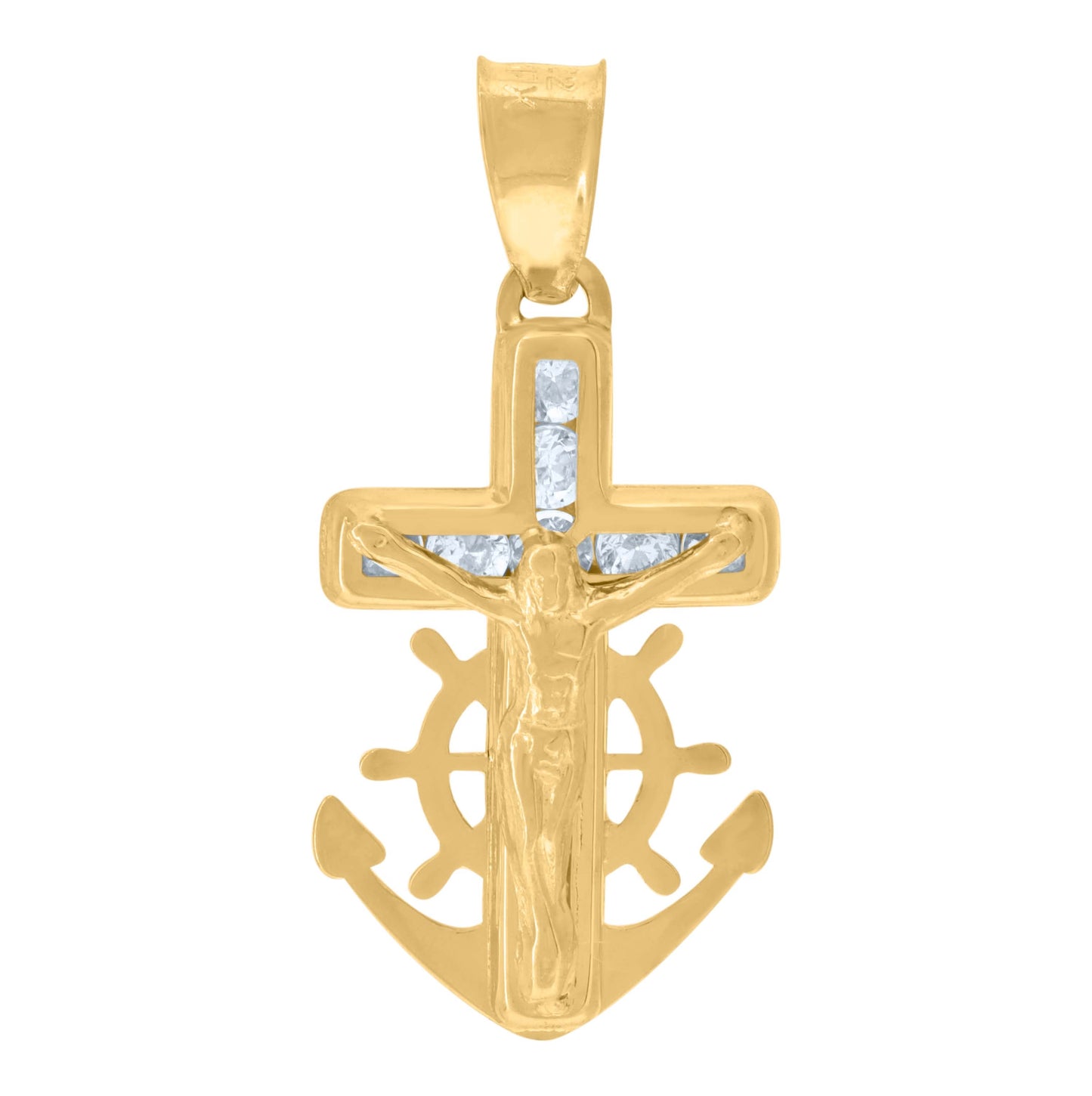 14K Yellow Gold Womens Cubic Zirconia Anchor Crucifix Cross Religious Charm Pendant