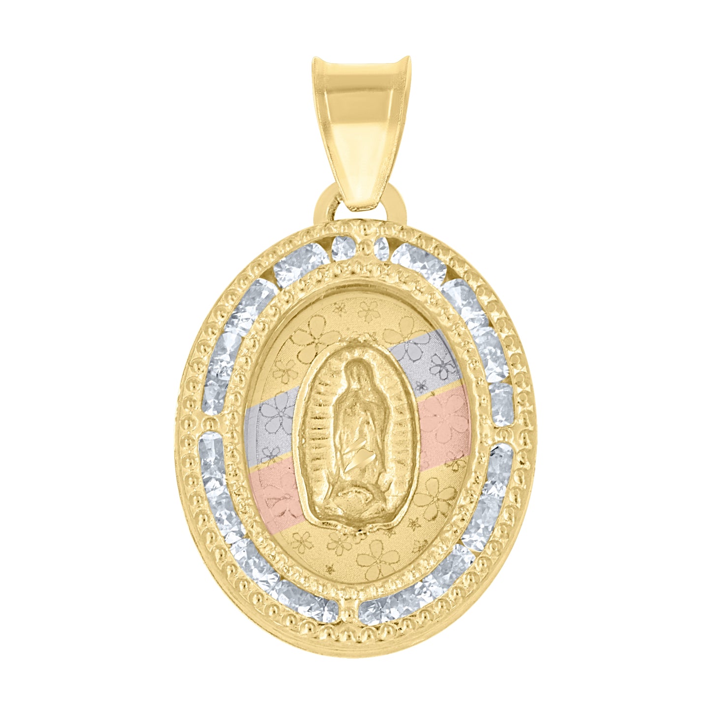 14K Tri-Color Gold Unisex Cubic-Zirconia Textured Lady Of Guadalupe Religious Floral Oval Charm Pendant
