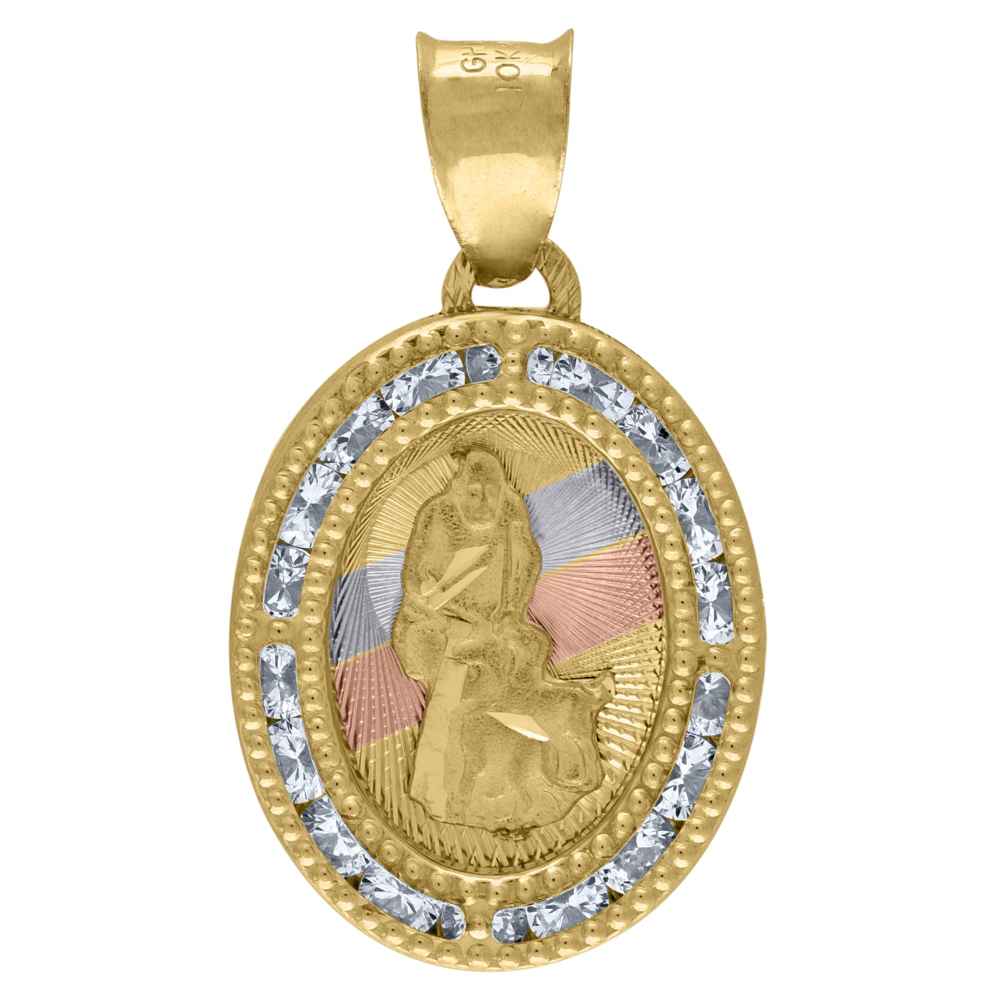 14K Tri-Color Gold Unisex Cubic-Zirconia Textured Saint Lazarus Religious Charm Pendant