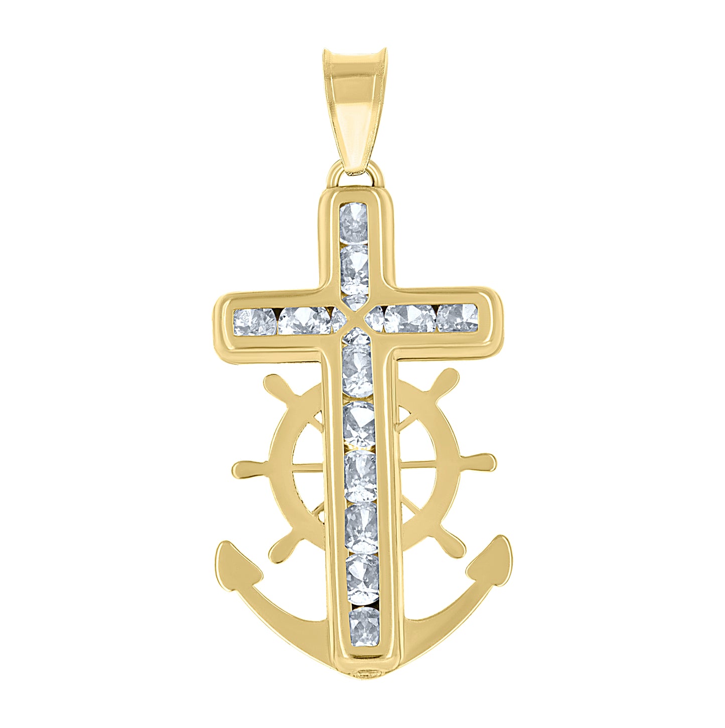 14K Yellow Gold Unisex Cubic-Zirconia Anchor Cross Religious Charm Pendant