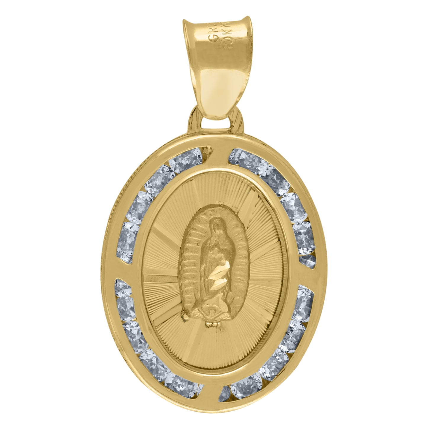 14K Yellow Gold Unisex Cubic-Zirconia Textured Lady Of Guadalupe Religious Oval Charm Pendant