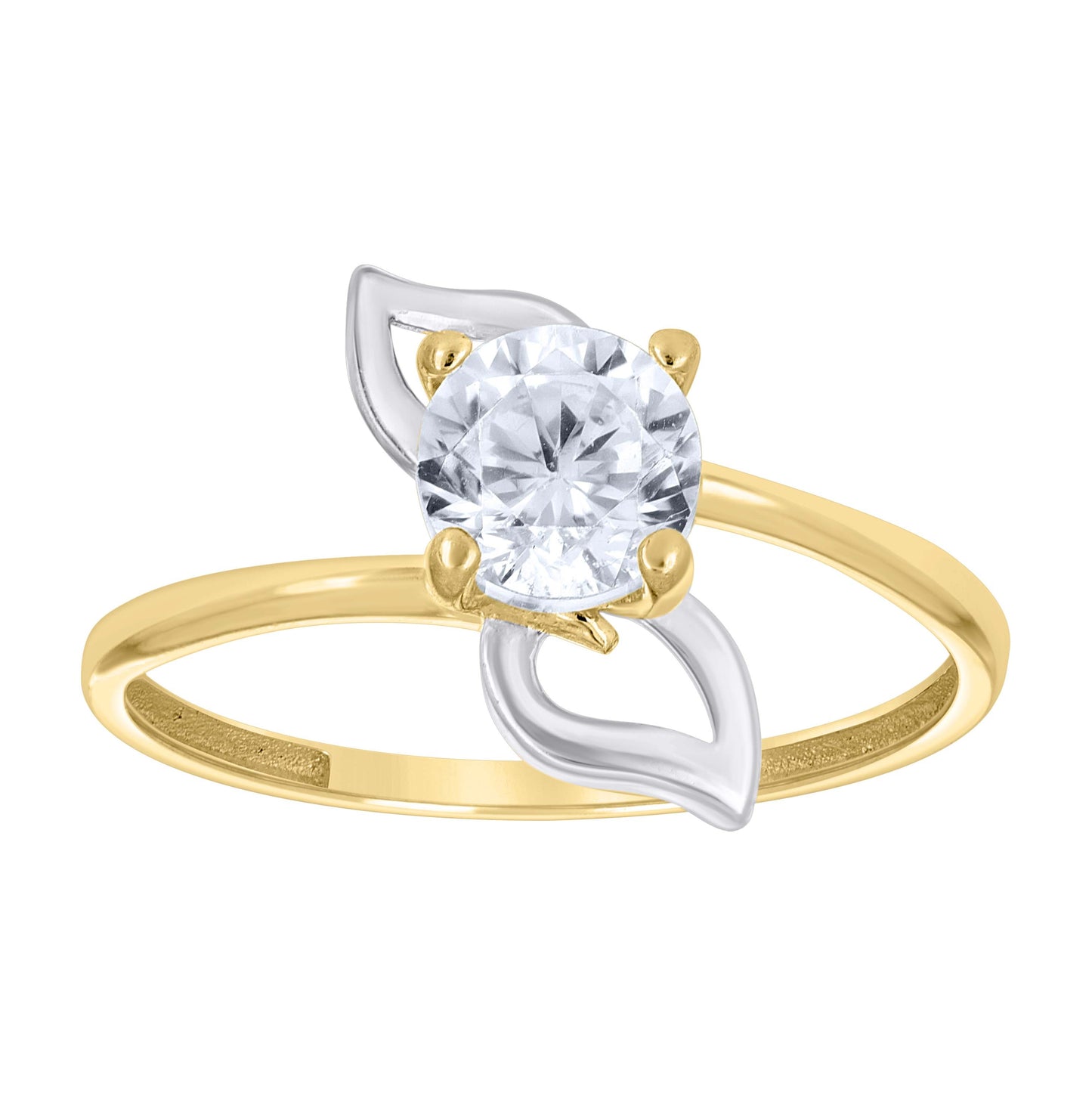 14K Two-Tone Gold Womens Cubic Zirconia Leaf Engagement Ring