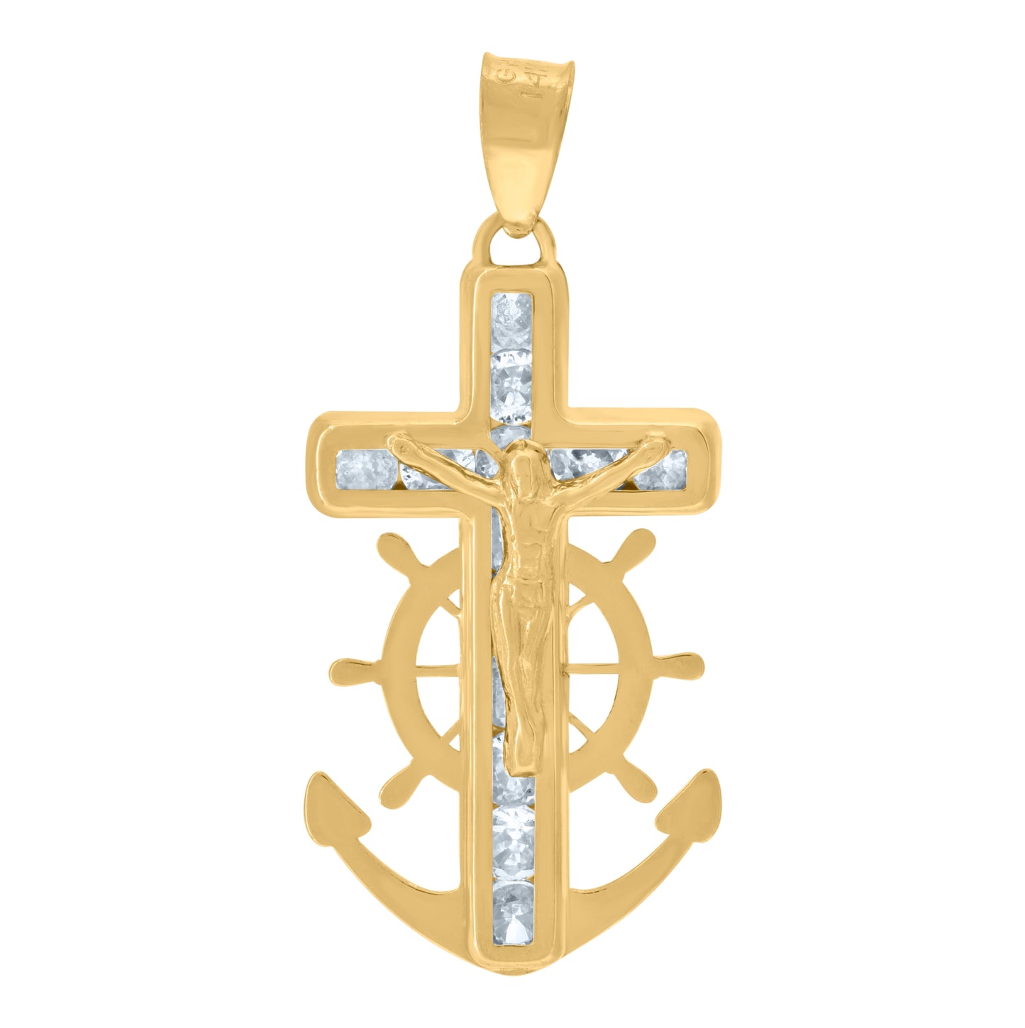 14K Yellow Gold Womens Cubic Zirconia Anchor Crucifix Cross Religious Charm Pendant