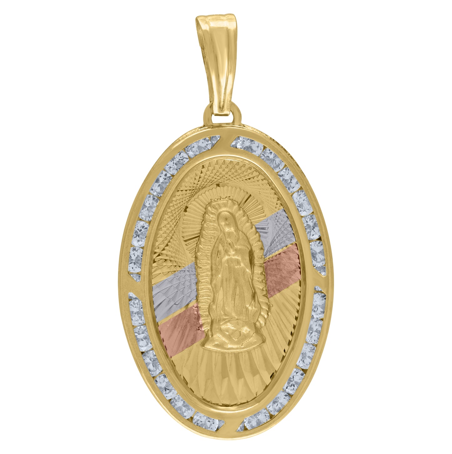 14K Tri-Color Gold Unisex Cubic-Zirconia Textured Lady Of Guadalupe Religious Oval Charm Pendant