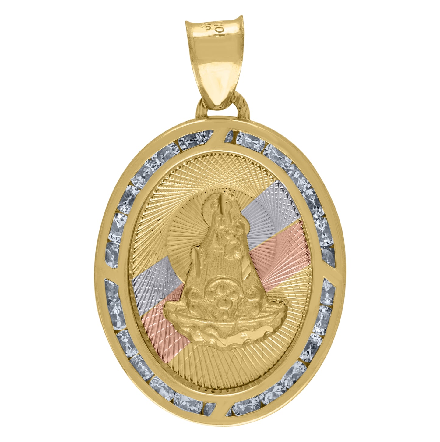 14K Tri-Color Gold Unisex Cubic-Zirconia Textured Saint Barbara Religious Oval Charm Pendant