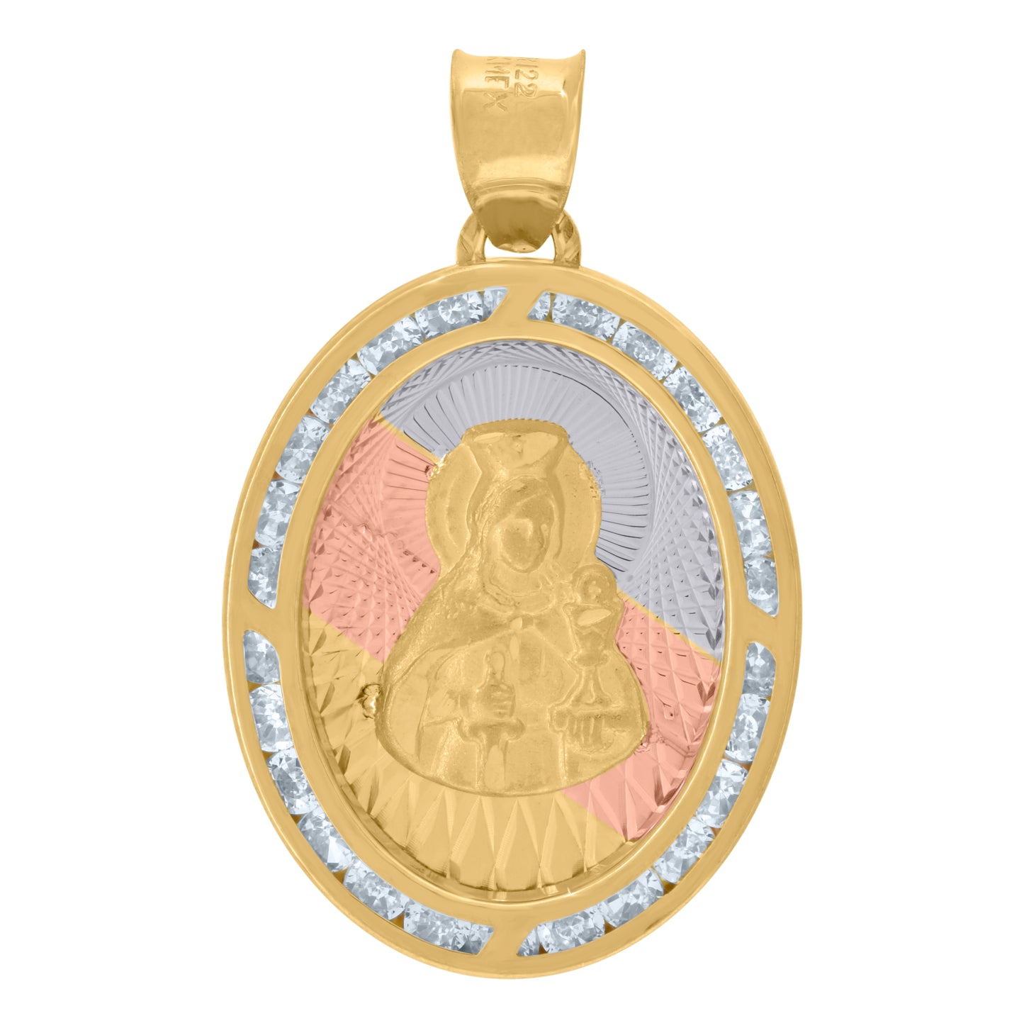 14K Tri-Color Gold Unisex Cubic Zirconia Diamond-Cut Textured Religious Charm Pendant