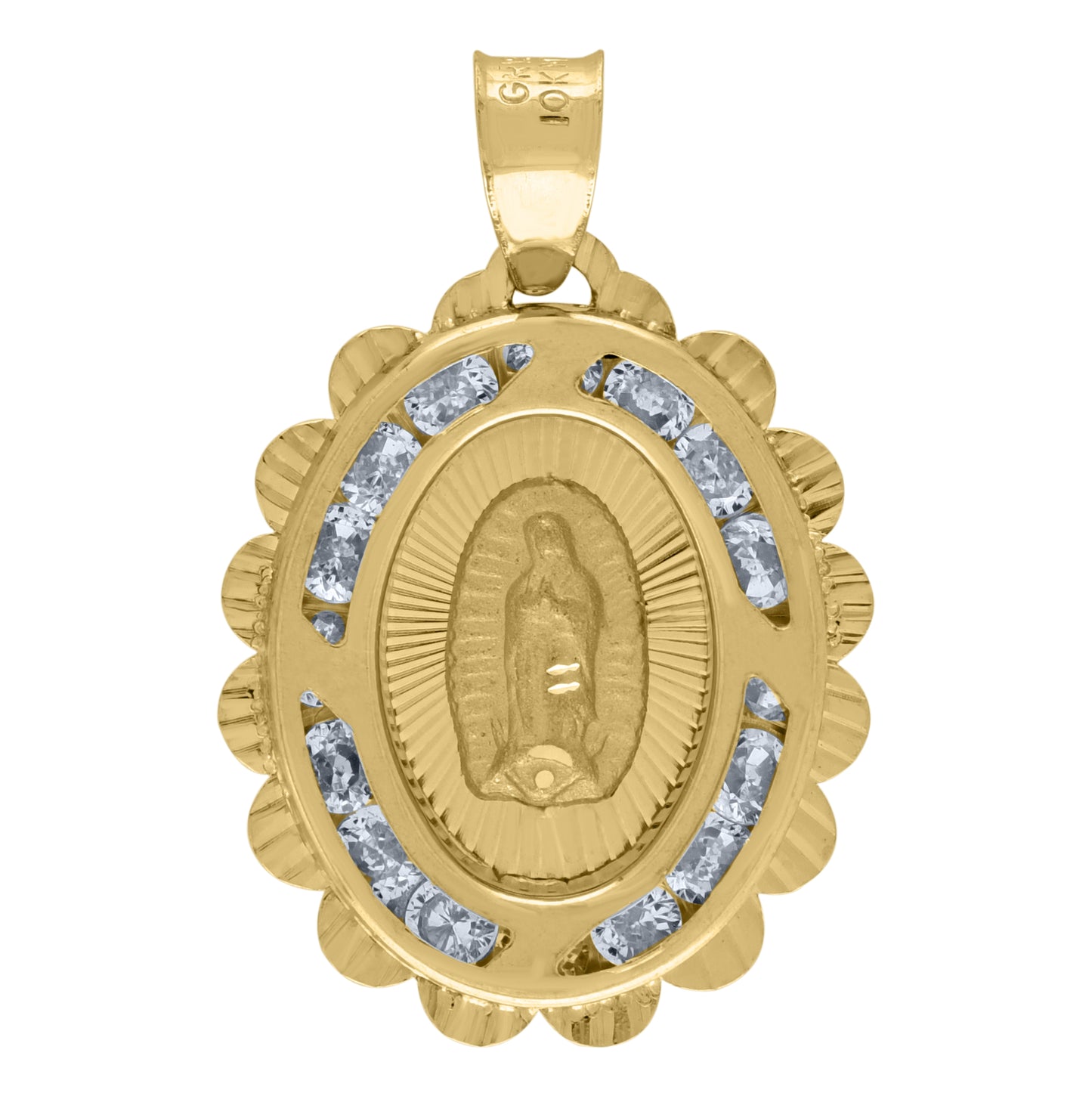 14K Yellow Gold Unisex Cubic-Zirconia Textured Lady Of Guadalupe Religious Oval Charm Pendant