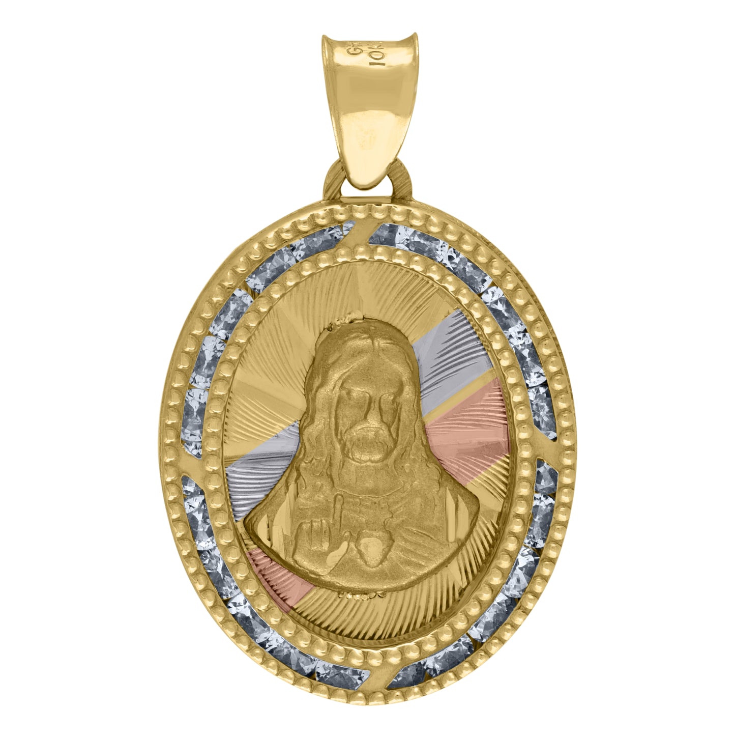 14K Tri-Color Gold Unisex Cubic-Zirconia Textured Religious Charm Pendant