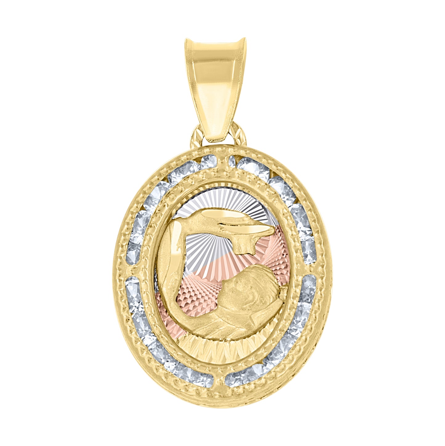 14K Tri-Color Gold Womens Cubic Zirconia Textured Baptism Bautizo Religious Charm Good Luck Pendant