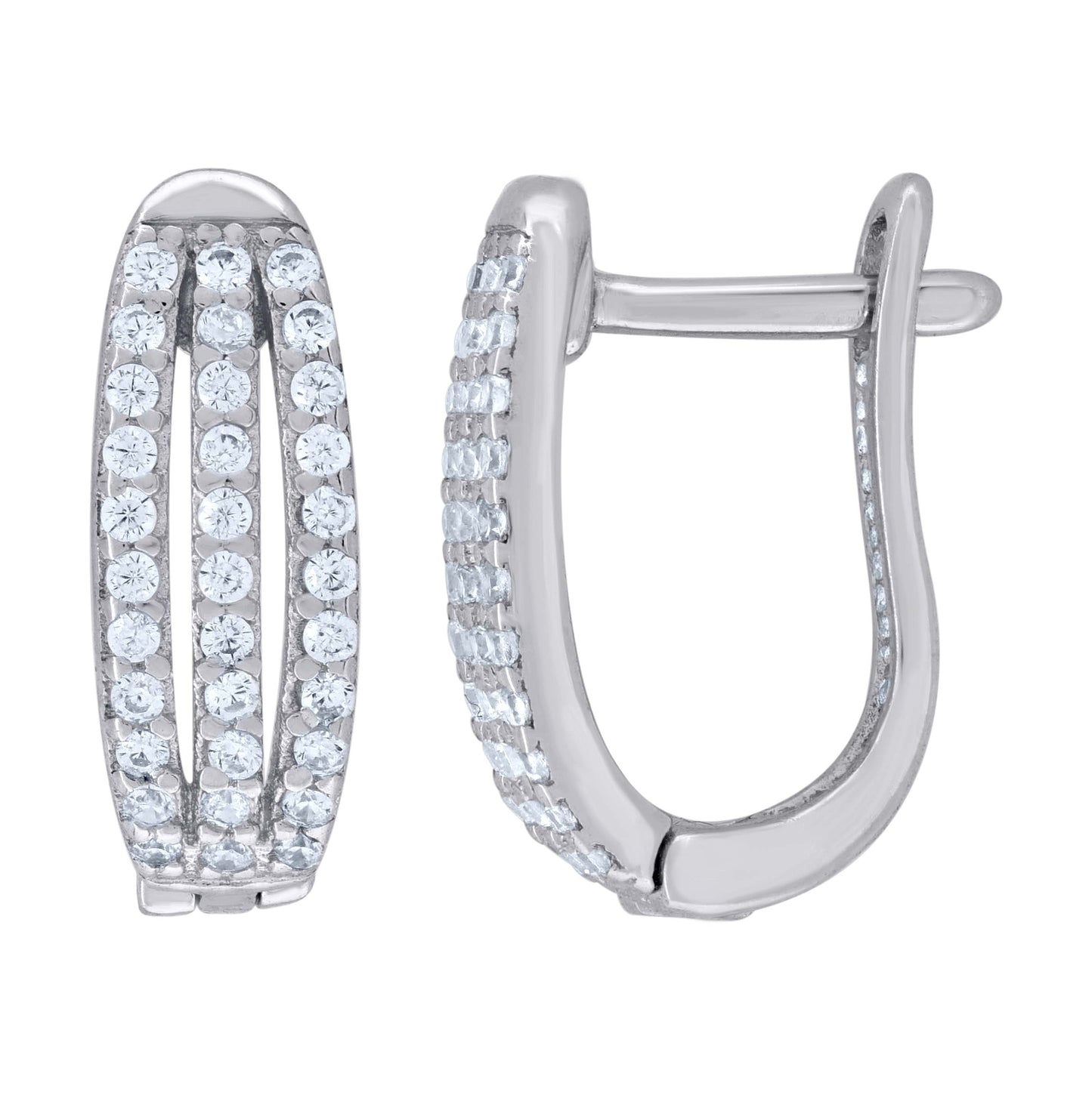 Sterling Silver Womens Cubic Zirconia Triple Row Huggie Hoop Earrings