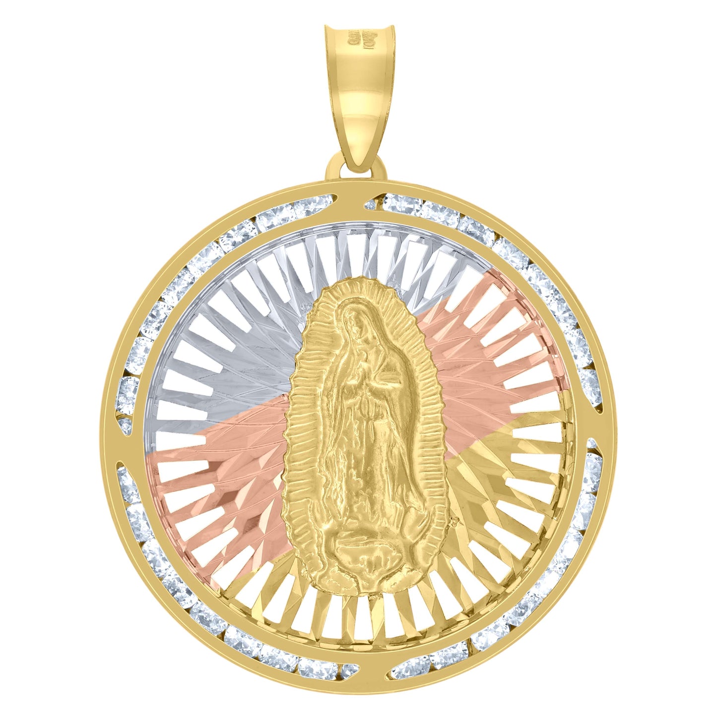 10K Tri-Color Gold Unisex Cubic-Zirconia Diamond-Cut Lady Of Guadalupe Religious Charm Pendant