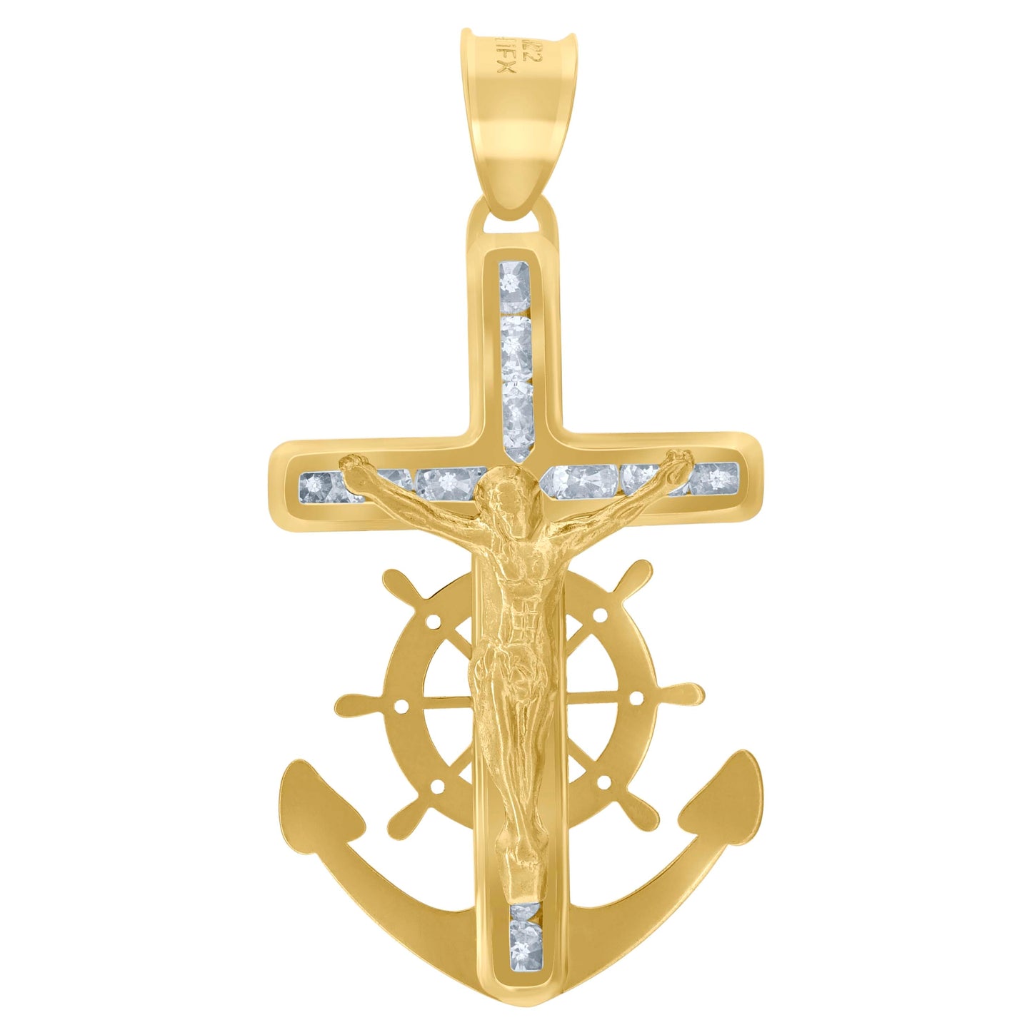 10K Yellow Gold Unisex Cubic-Zirconia Textured Crucifix Anchor Religious Charm Pendant