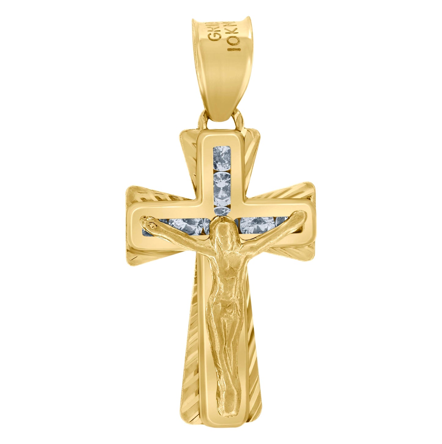10K Yellow Gold Unisex Cubic-Zirconia Textured Crucifix Cross Religious Charm Pendant