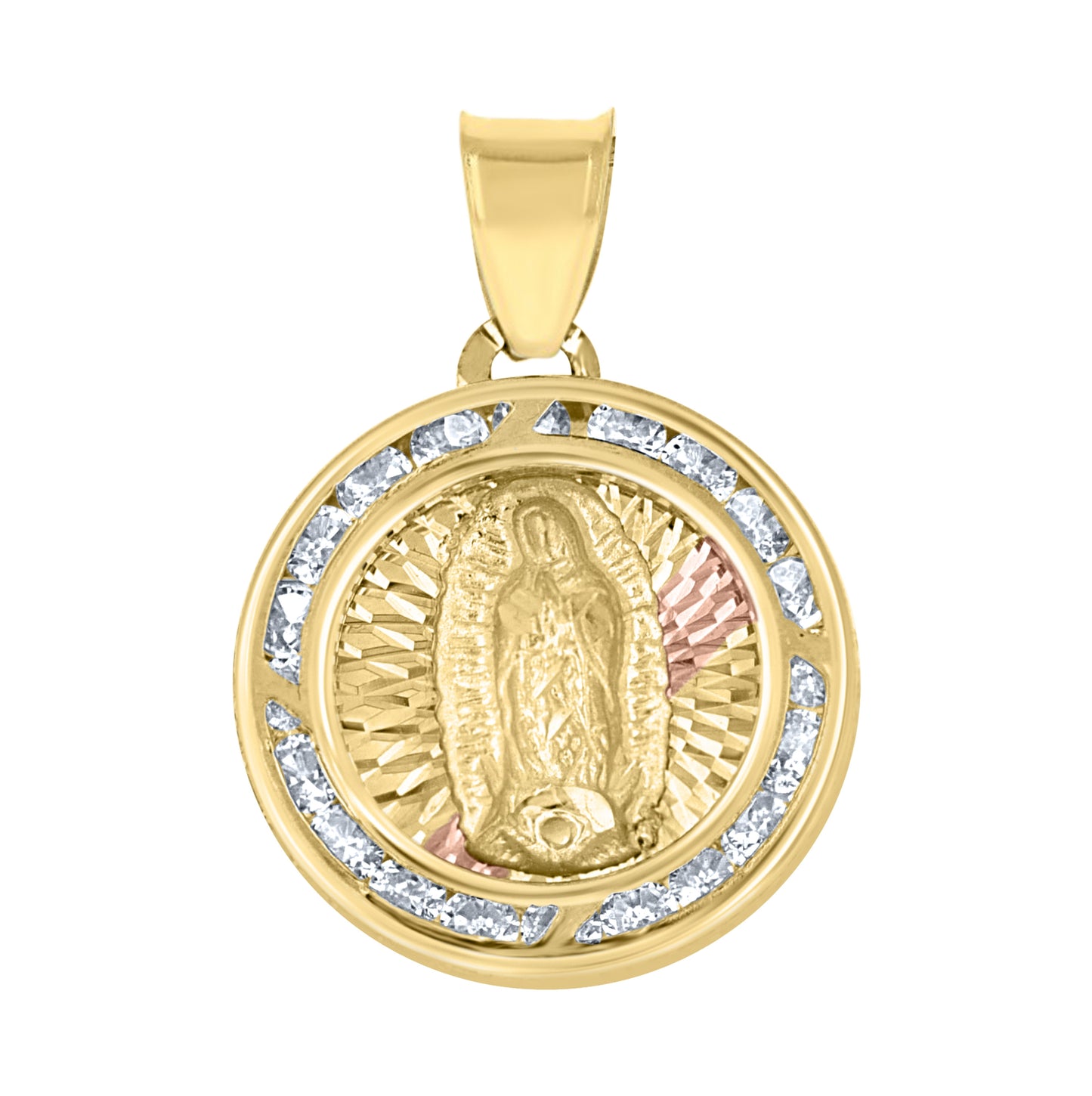 10K Tri-Color Gold Unisex Cubic-Zirconia Diamond-Cut Lady Of Guadalupe Religious Charm Pendant
