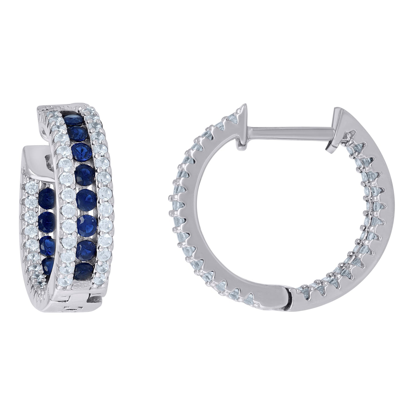 Sterling Silver Womens White Blue Cubic-Zirconia Hoop Huggies Earrings