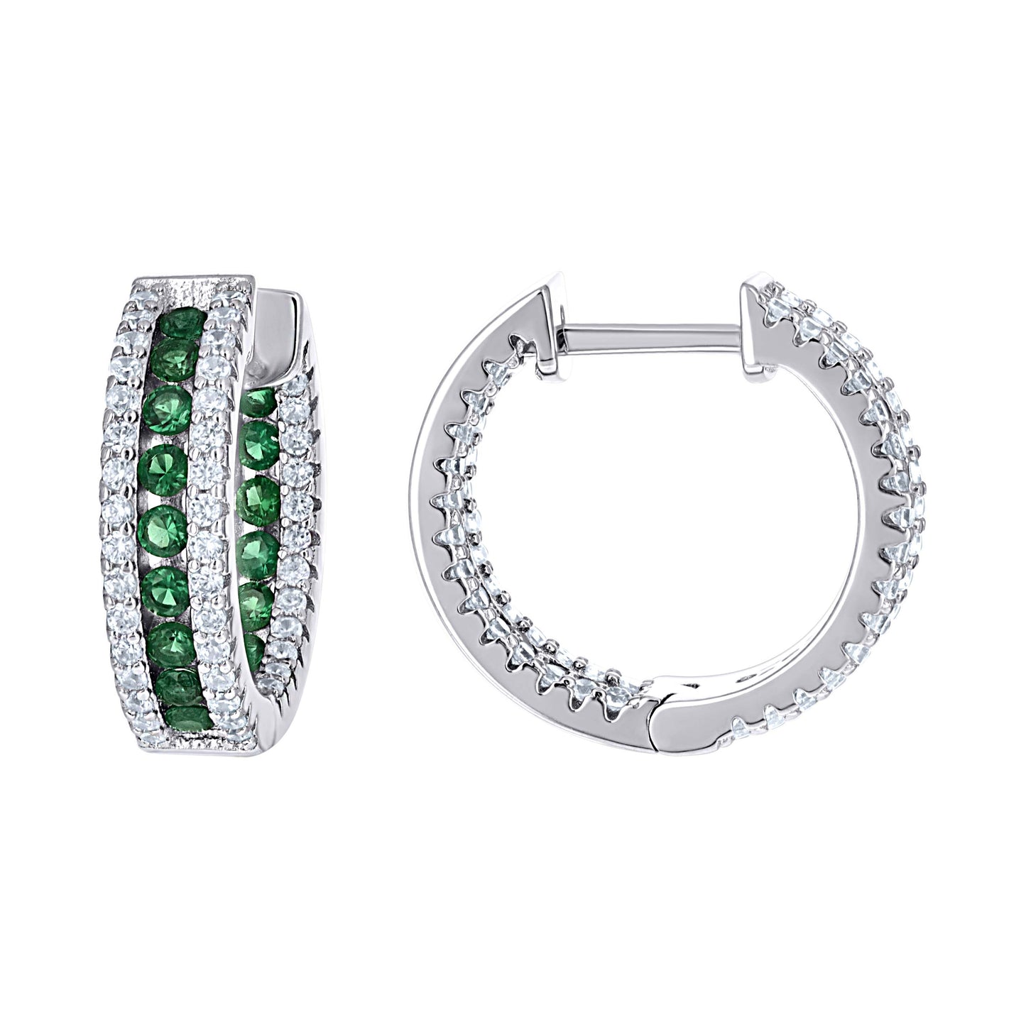 Sterling Silver Womens Green White Cubic-Zirconia Fashion Hoop Earrings