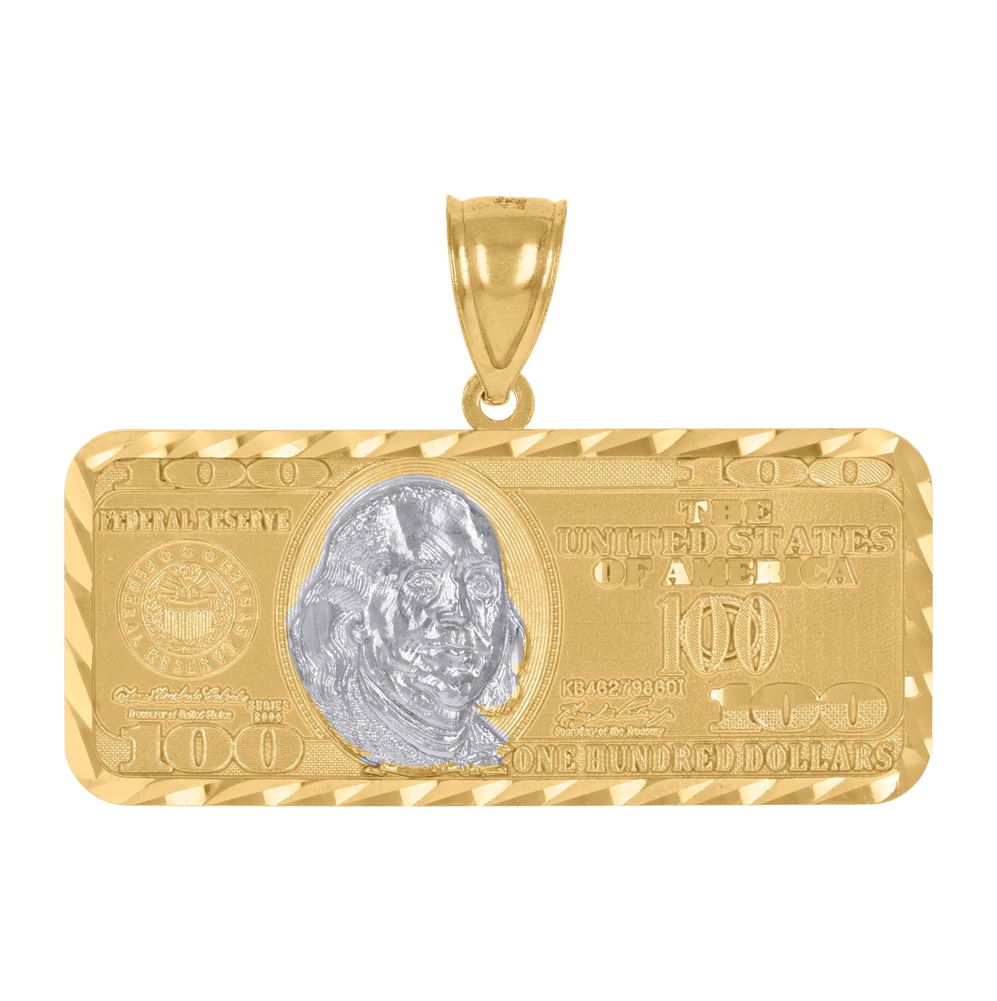 10K Two-Tone Gold Mens 100 Dollar Bill Currency Diamond Cut Pendant