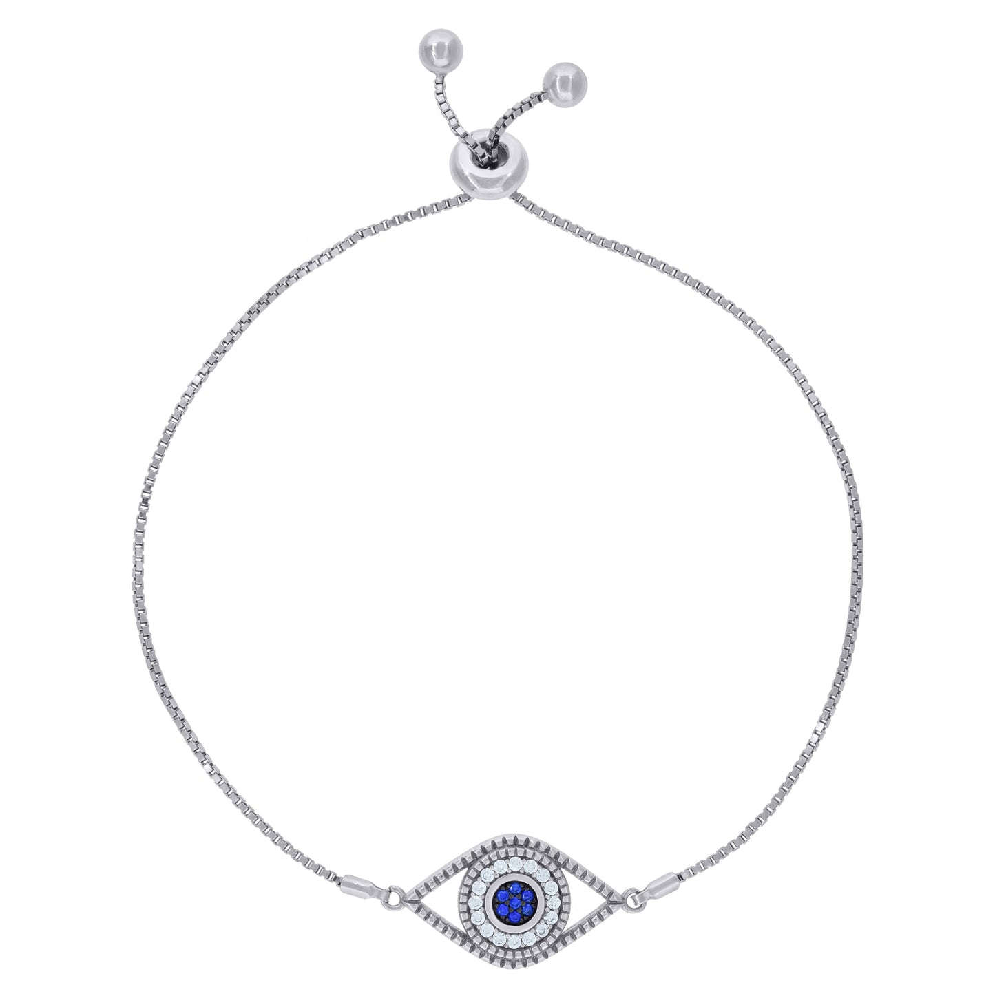 Sterling Silver Womens Blue & White Cubic Zirconia Box Chain Evil Eye Bracelet
