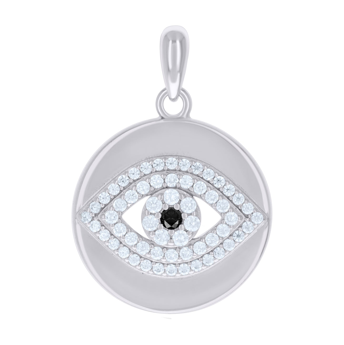 Sterling Silver Mens Black White Cubic-Zirconia Evil Eye Good Luck Charm Pendant