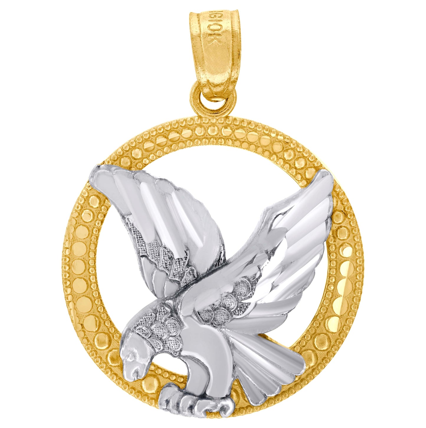 10K Two-Tone Gold Mens Diamond-Cut Textured Flying Eagle Bird Charm Pendant
