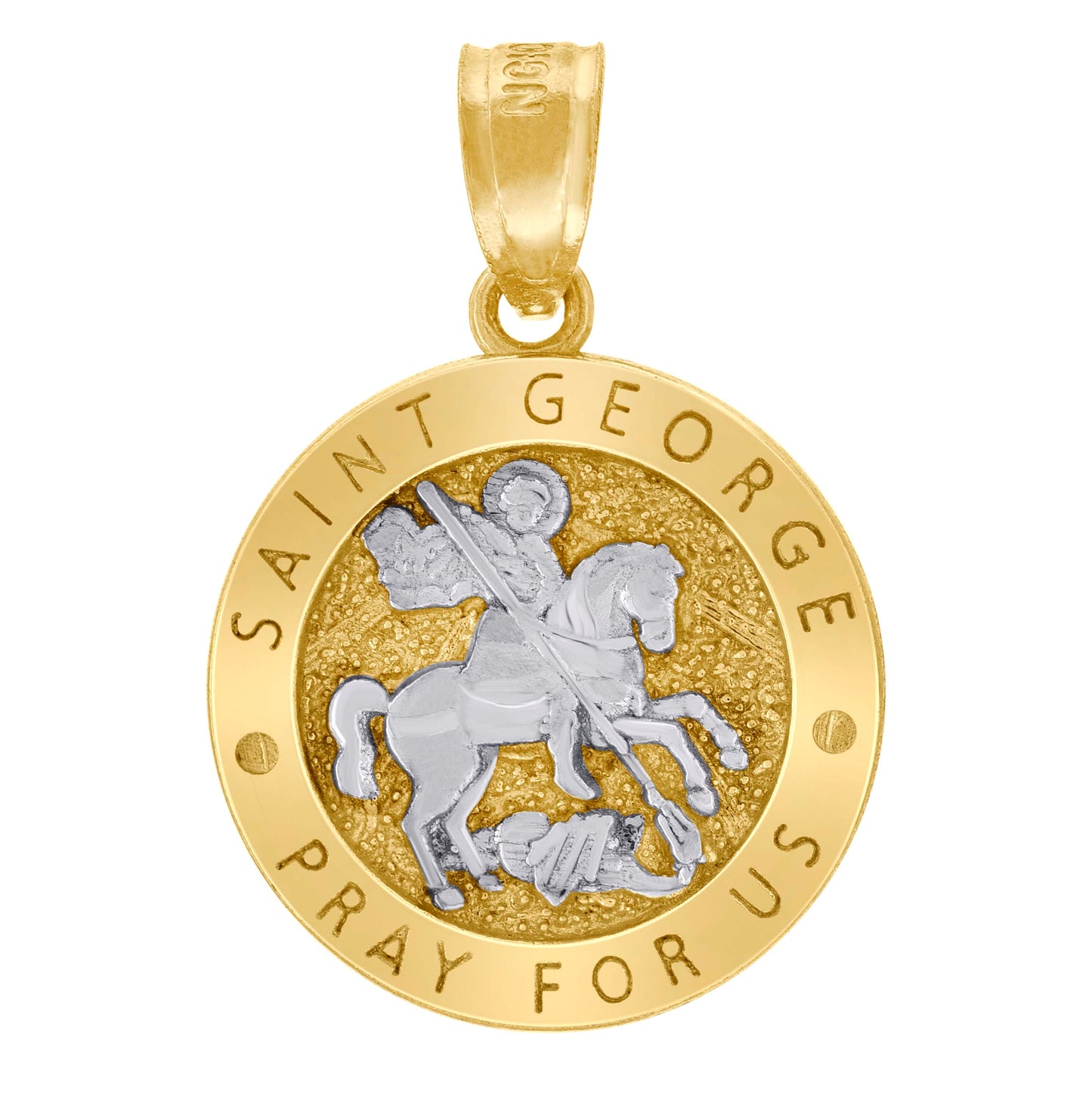 10K Two-Tone Gold Unisex Textured Saint George Pray For Us Religious Charm Pendant