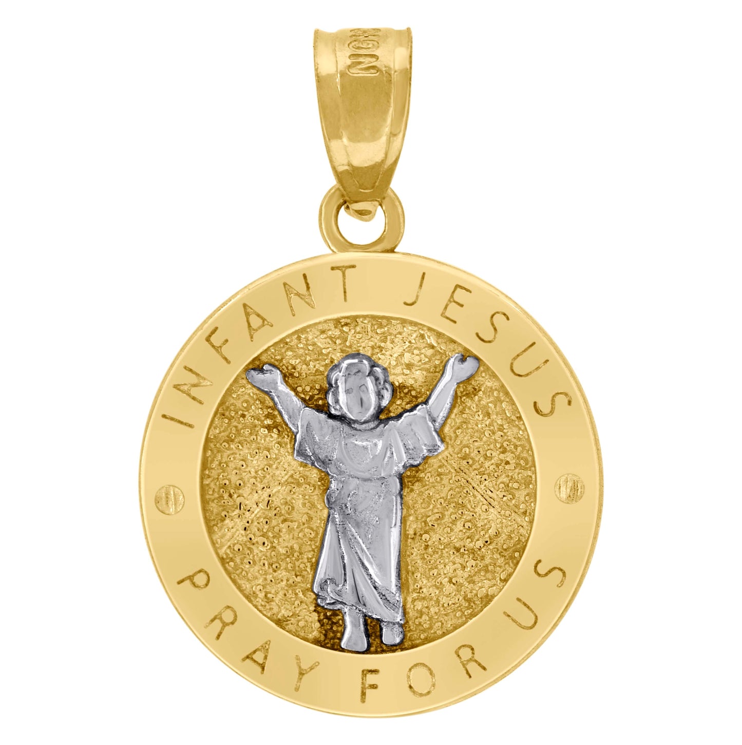 10K Two-Tone Gold Unisex Textured Infant Jesus Pray For Us Religious Charm Pendant