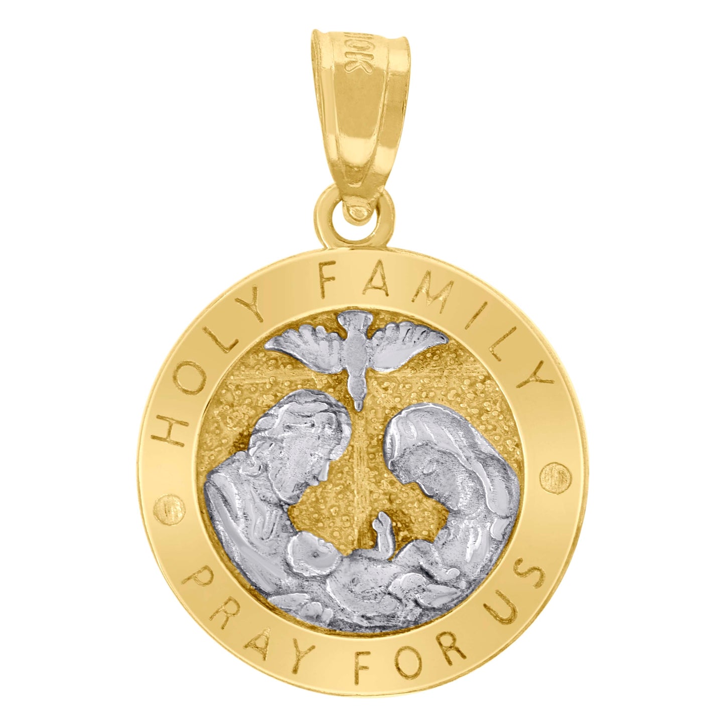10K Two-Tone Gold Unisex Textured Holy Family Pray For Us Religious Charm Pendant