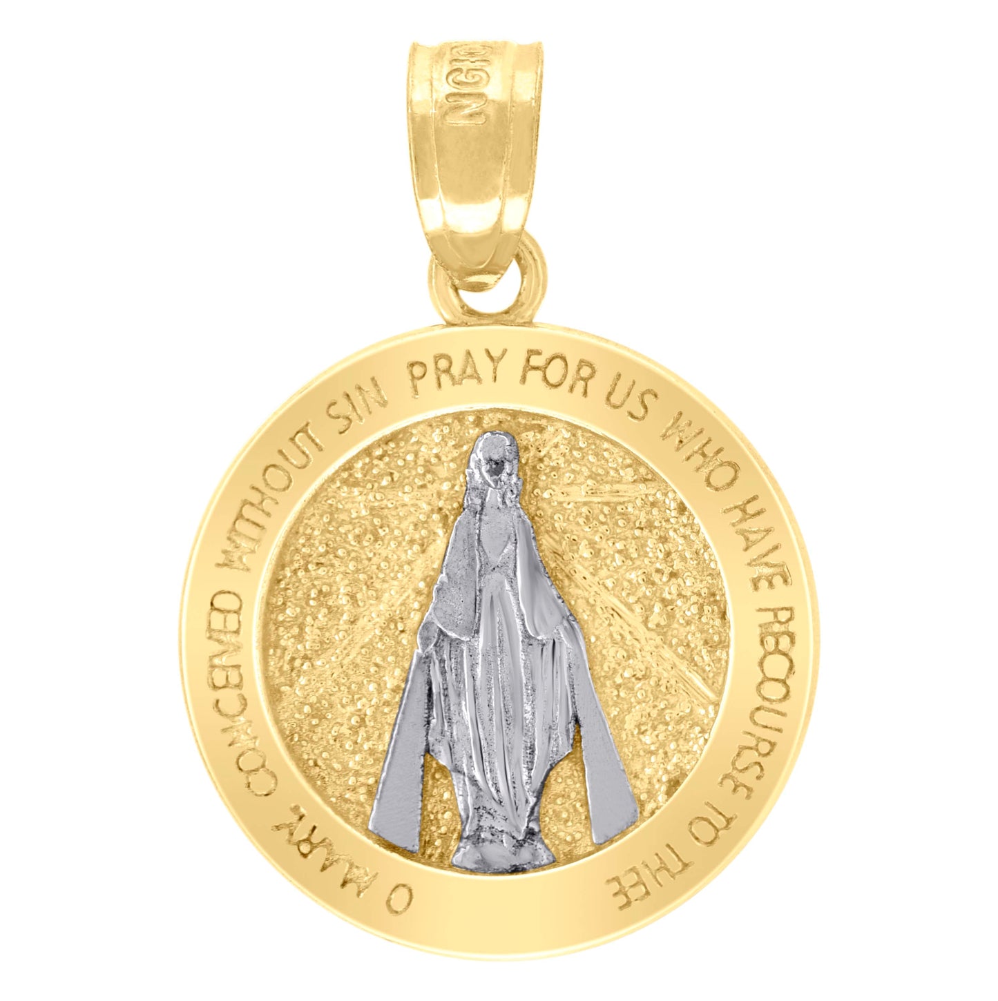 10K Two-Tone Gold Unisex Textured O Mary Pray For Us Religious Charm Pendant