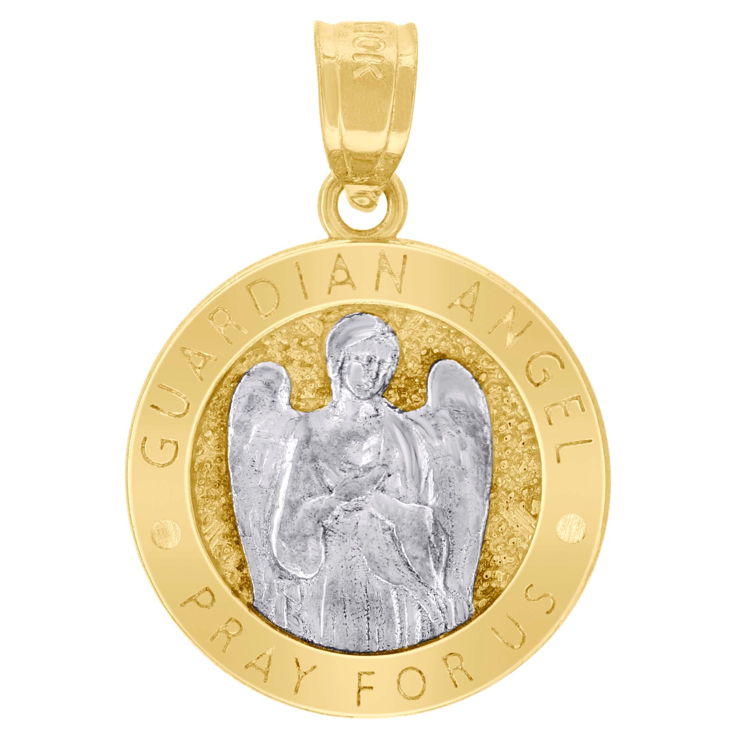 10K Two-Tone Gold Unisex Textured Guardian Angel Pray For Us Religious Charm Pendant