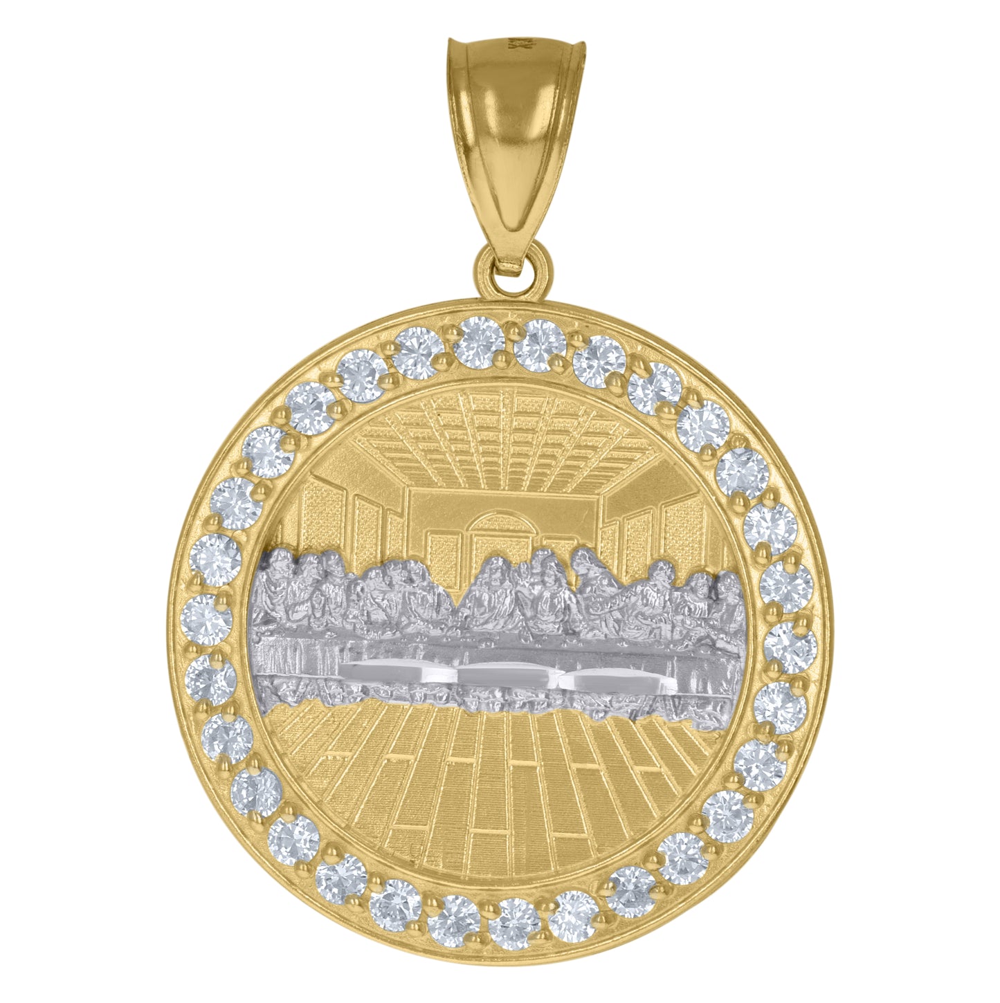10K Two-Tone Gold Mens Cubic Zirconia Last Supper Medallion Religious Charm Pendant