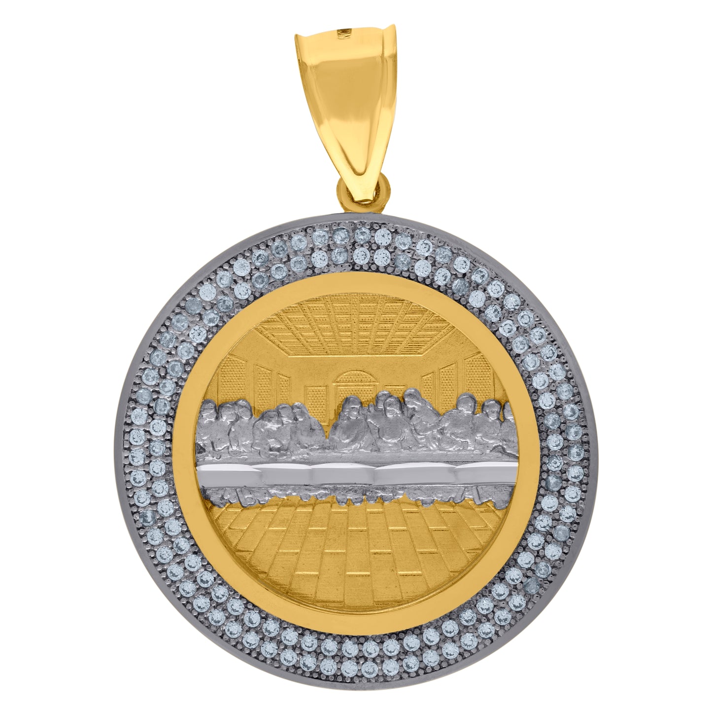 10K Two-Tone Gold Men Cubic-Zirconia Religious Last Supper Medallion Charm Pendant