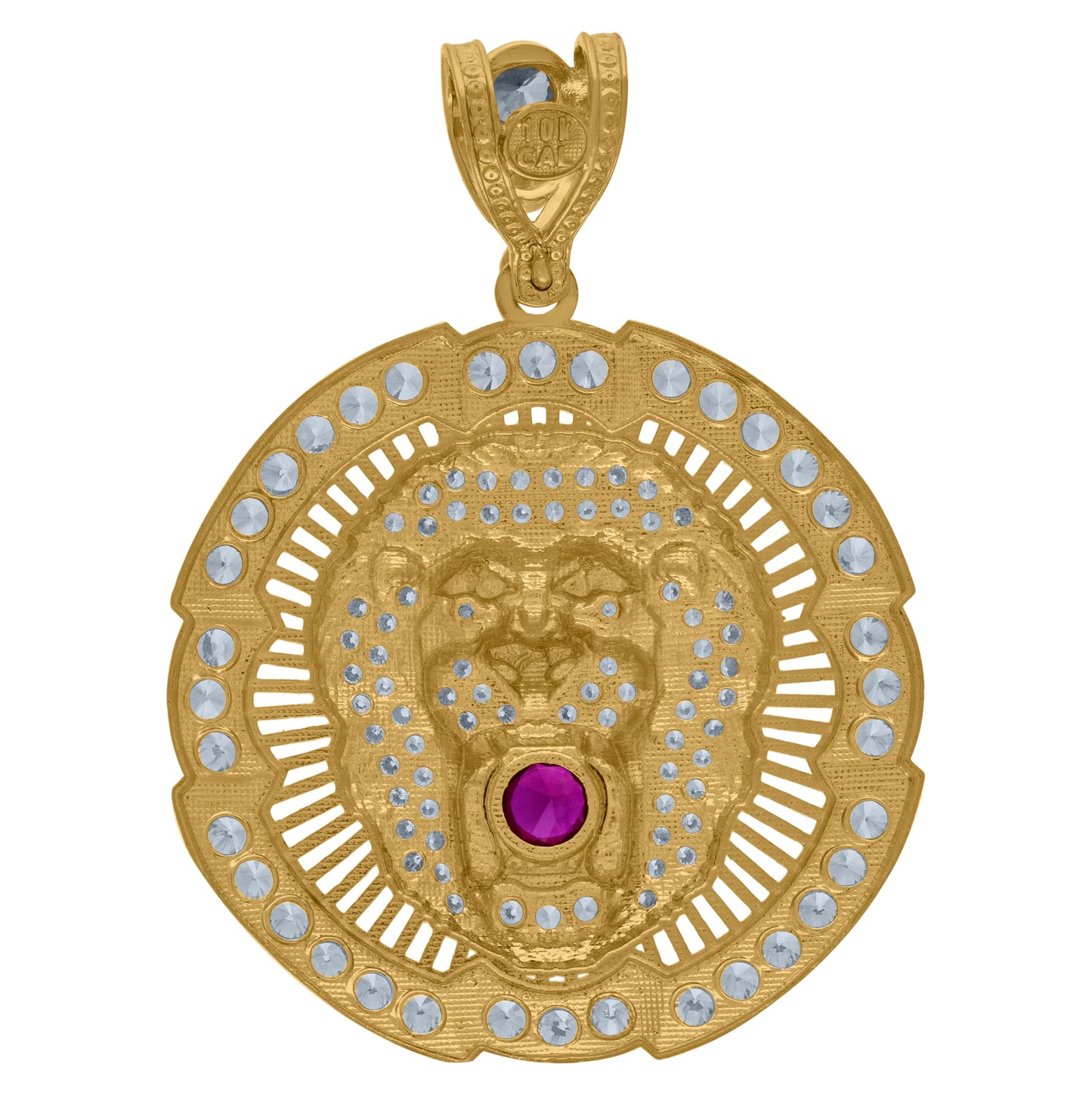 10K Yellow Gold Mens White Pink Cubic Zirconia Zodiac Sign Leo Lion Head Charm Pendant