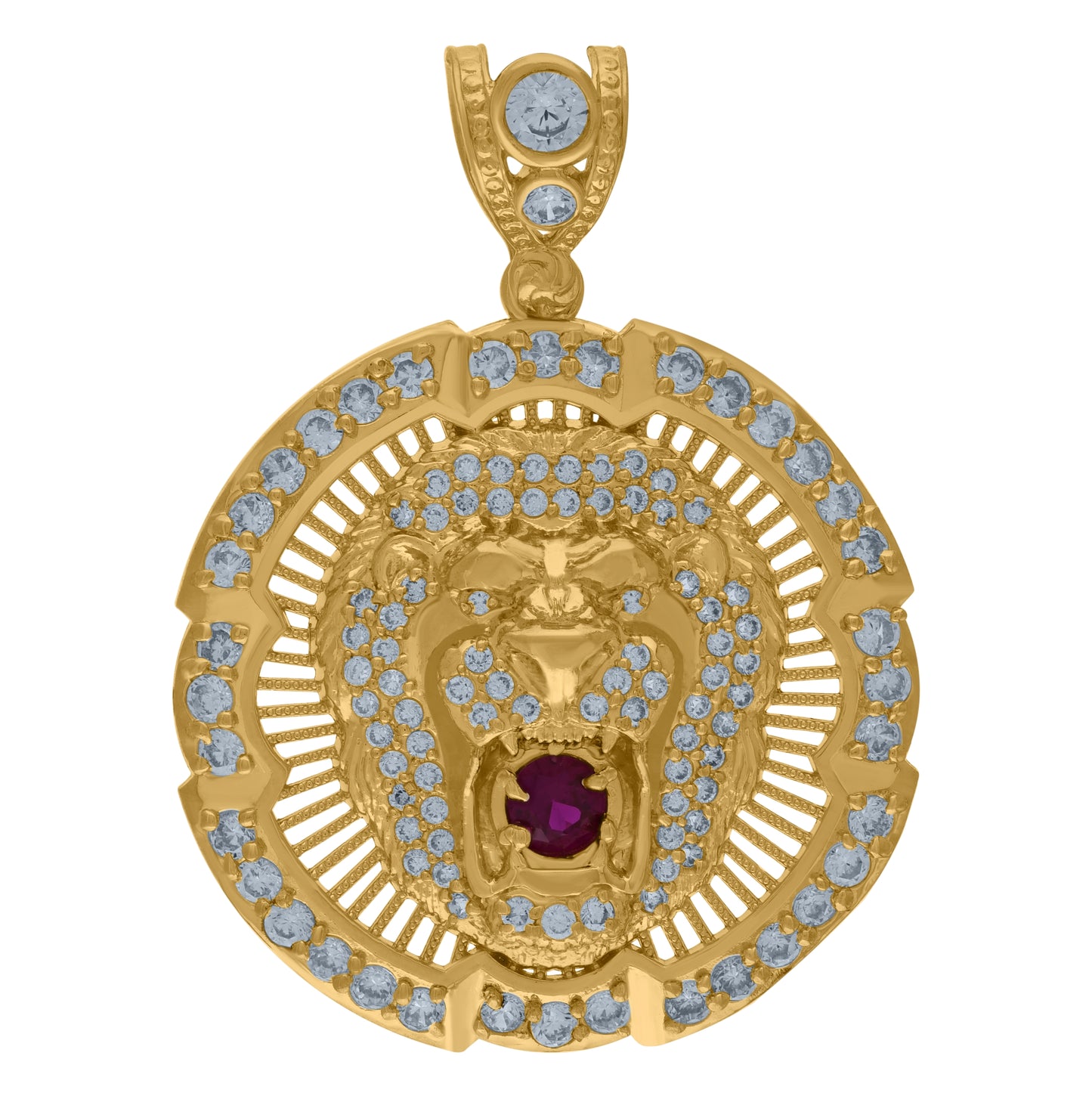 10K Yellow Gold Mens White Pink Cubic Zirconia Zodiac Sign Leo Lion Head Charm Pendant